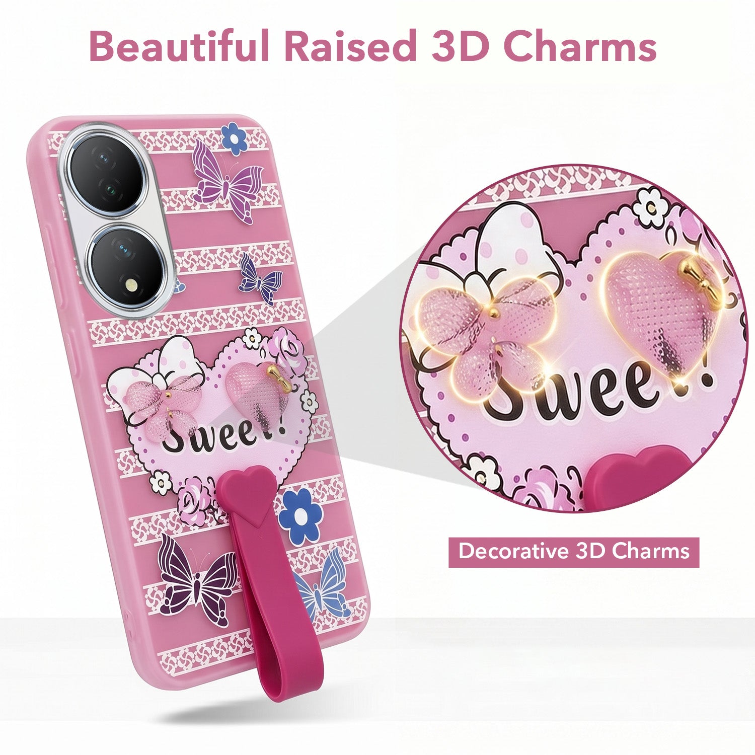 For Vivo Y100 Back Cover Case (3D Cute Heart Strap Holder | Camera Protection | Designer Girls Print)