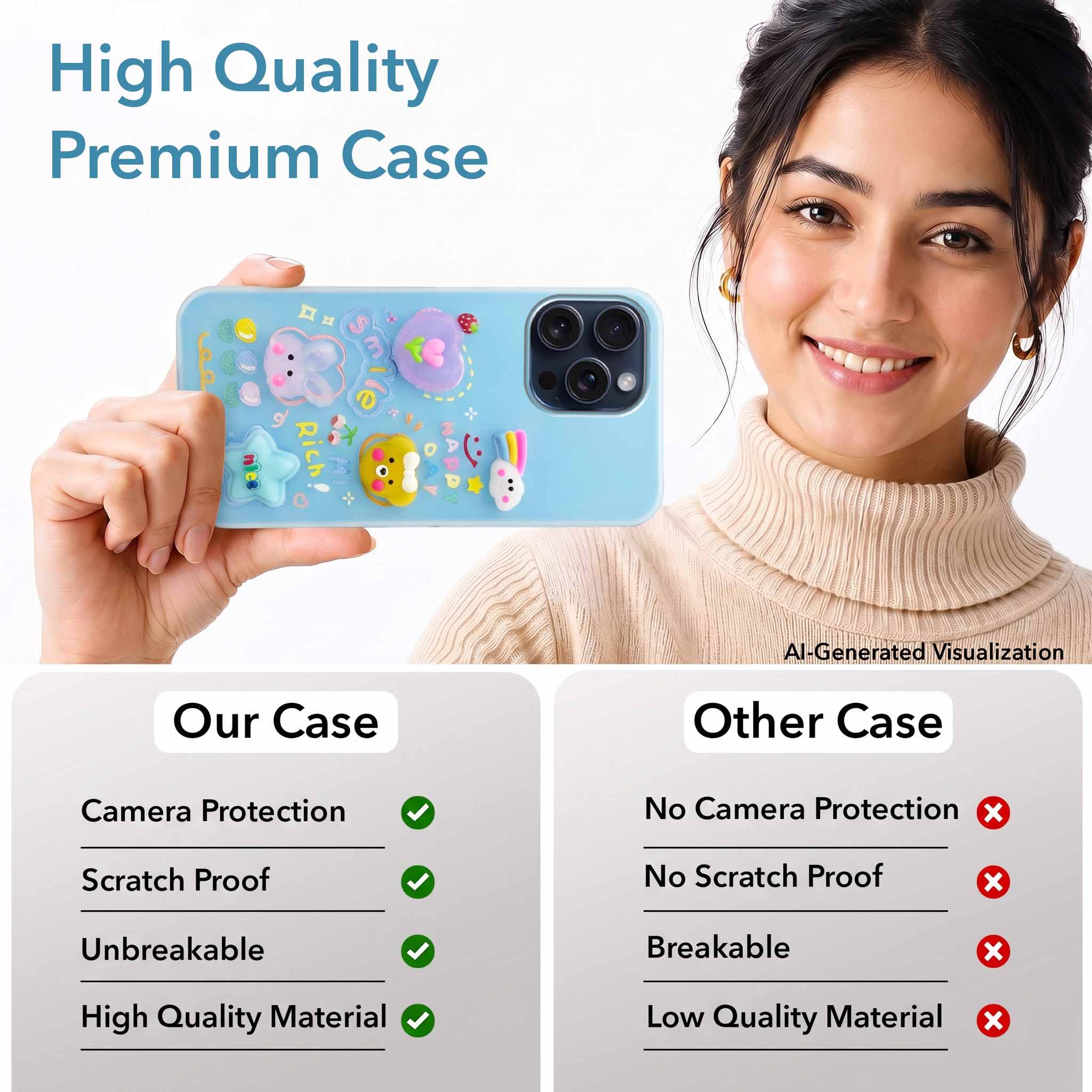 For Apple iPhone 15 Pro Max Back Cover Case (3D Cute Cartoons | Hard Back Side Soft | Matte Premium Finish | HD Printing)