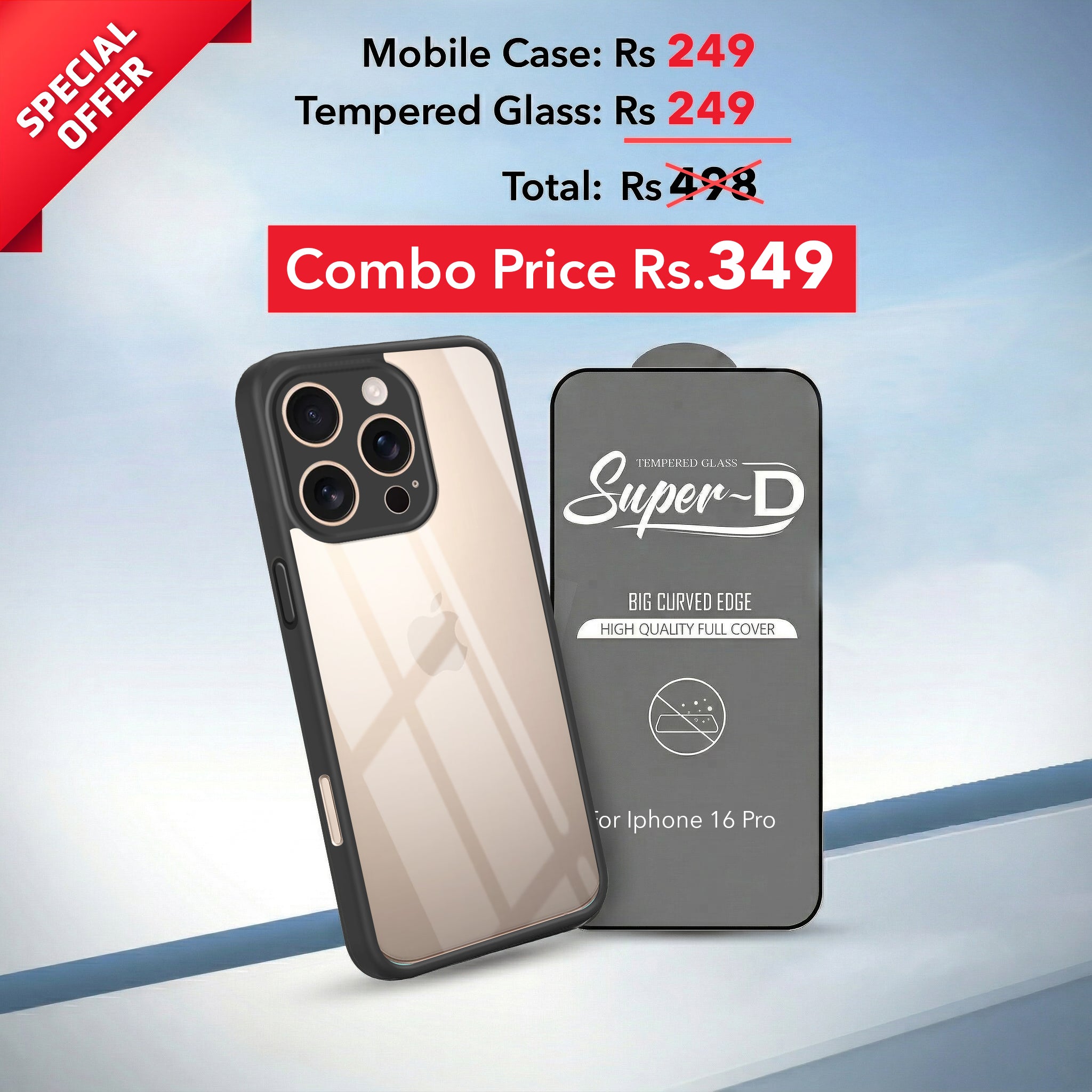 For Apple iPhone 16 Pro Combo with Back Cover and 9H Tempered Glass (Lifetime Anti-Yellow | Crystal Clear Shockproof | Oleophobic Coating Screen Glass)