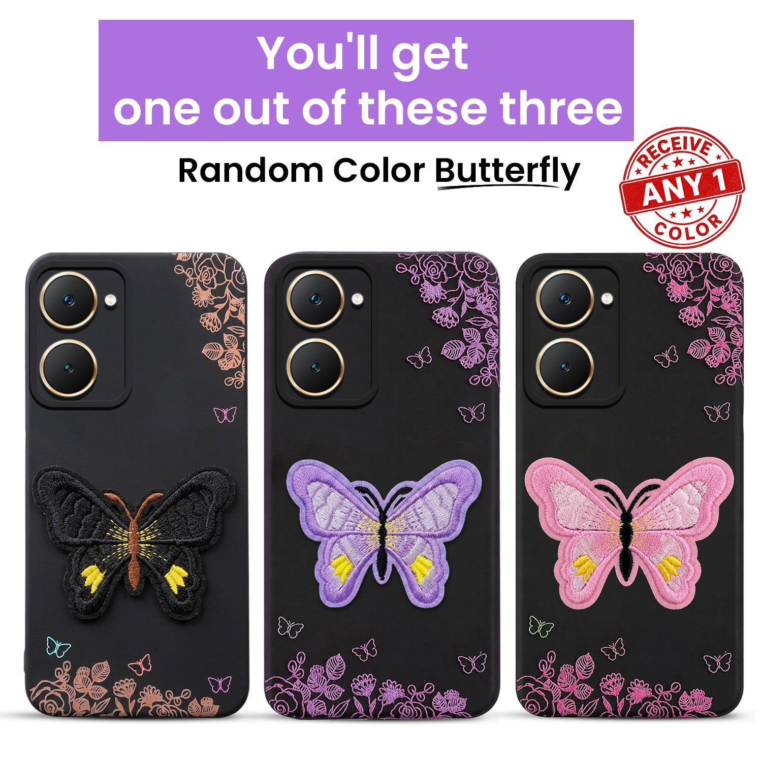 For Vivo Y18 | Vivo Y18e | Vivo Y03 | Vivo Y18i | Vivo Y18T Back Cover Case (Soft Butterfly Embroidery | Women Teen Girls | Camera Protection| Matte Silicone)