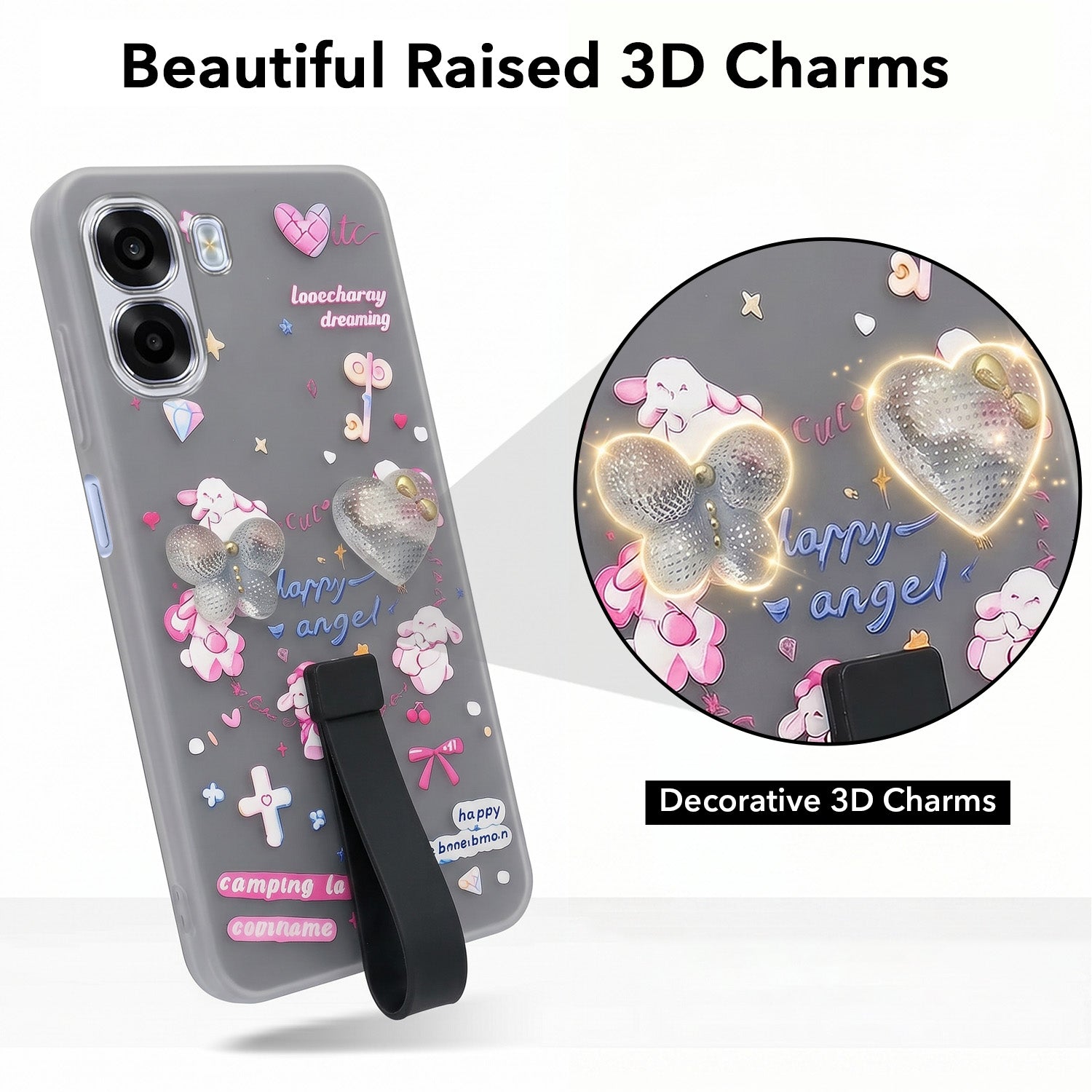 For Oppo K14x 5G Back Cover Case (3D Cute Heart Strap Holder | Camera Protection | Designer Girls Print)