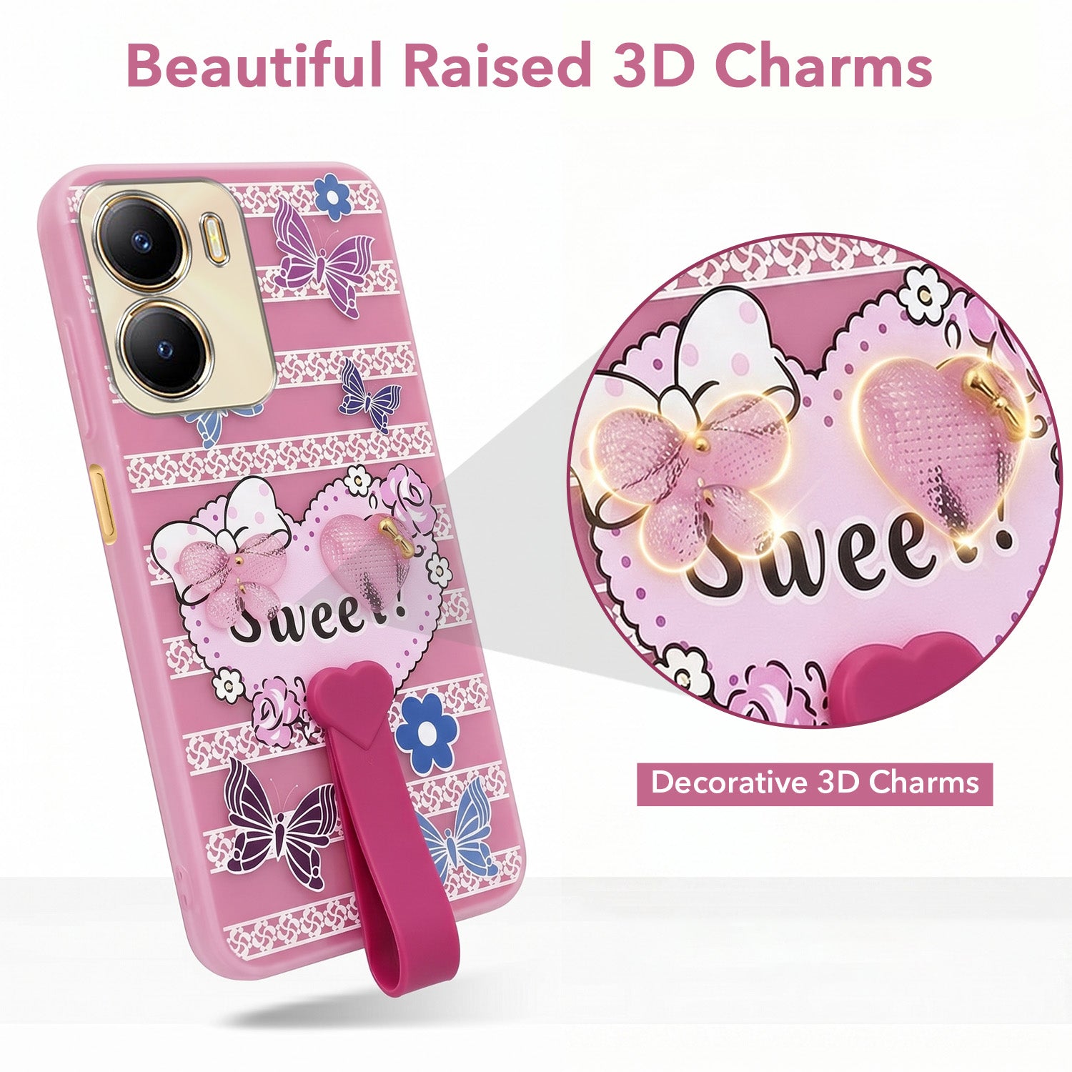 For Vivo Y56 5G Back Cover Case (3D Cute Heart Strap Holder | Camera Protection | Designer Girls Print)
