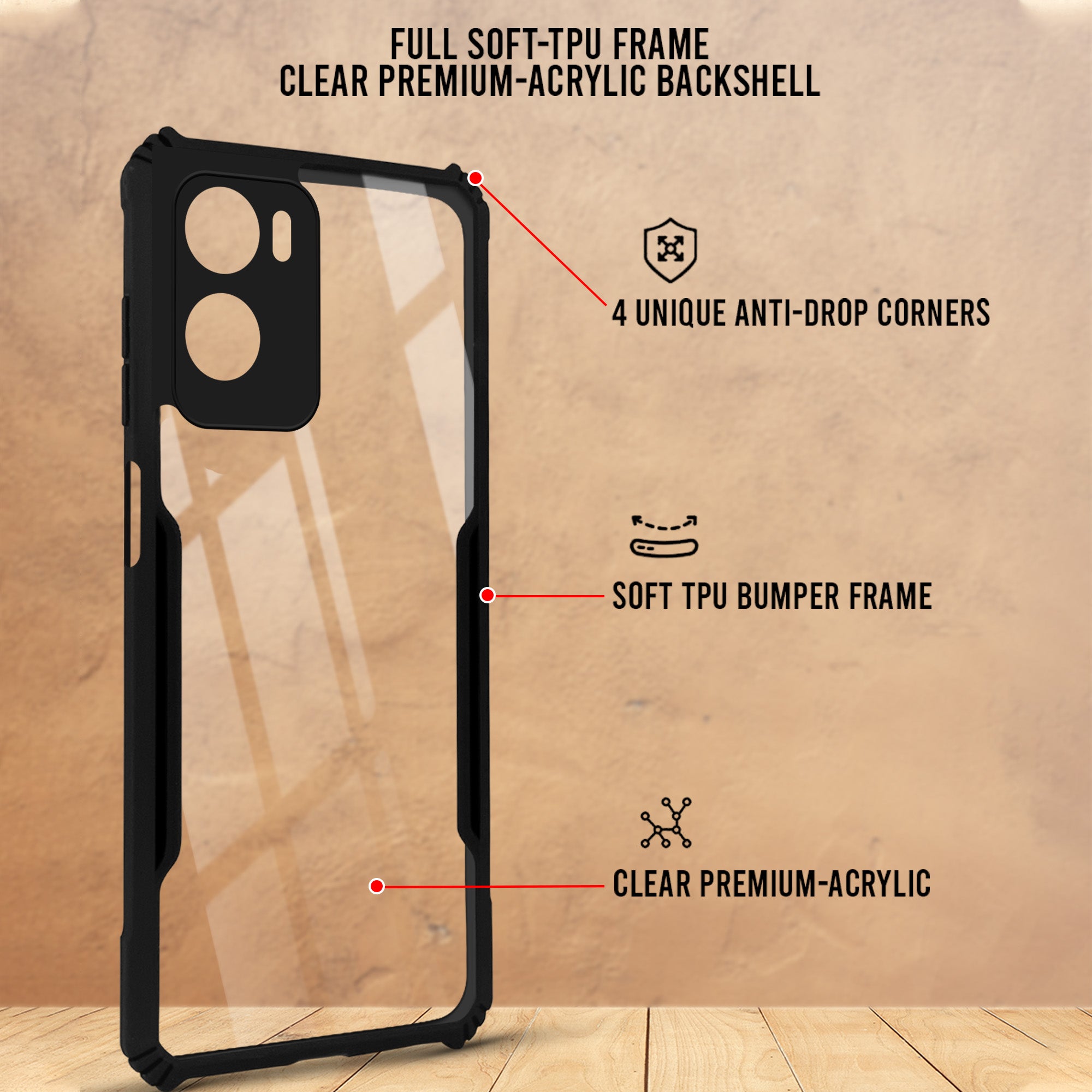 For Motorola Moto G06 Power Back Cover Case Hybrid (Shockproof with Polycarbonate Clear Panel | Professional Black)