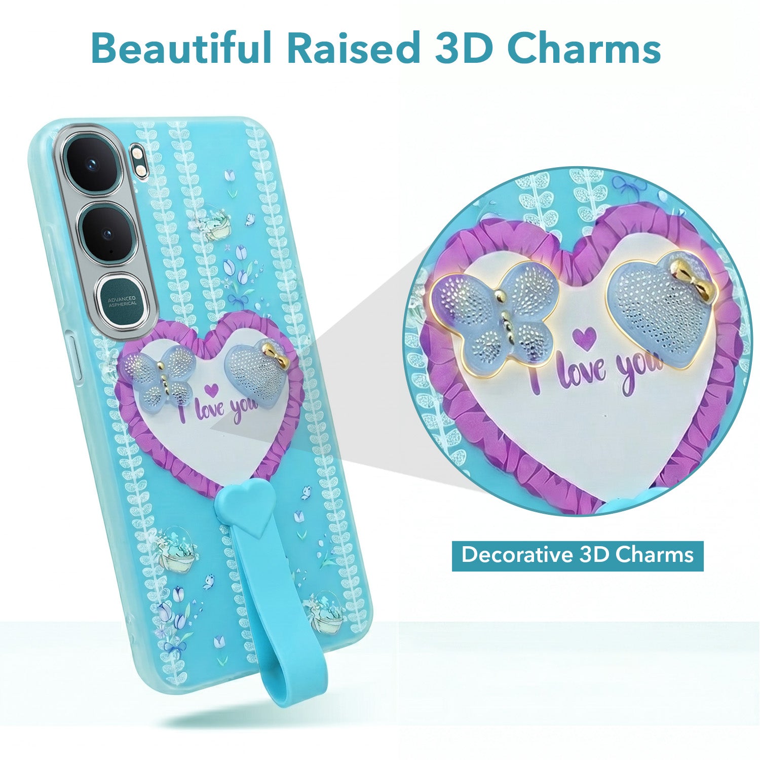 For Vivo Y31 5G Back Cover Case (3D Cute Heart Strap Holder | Camera Protection | Designer Girls Print)