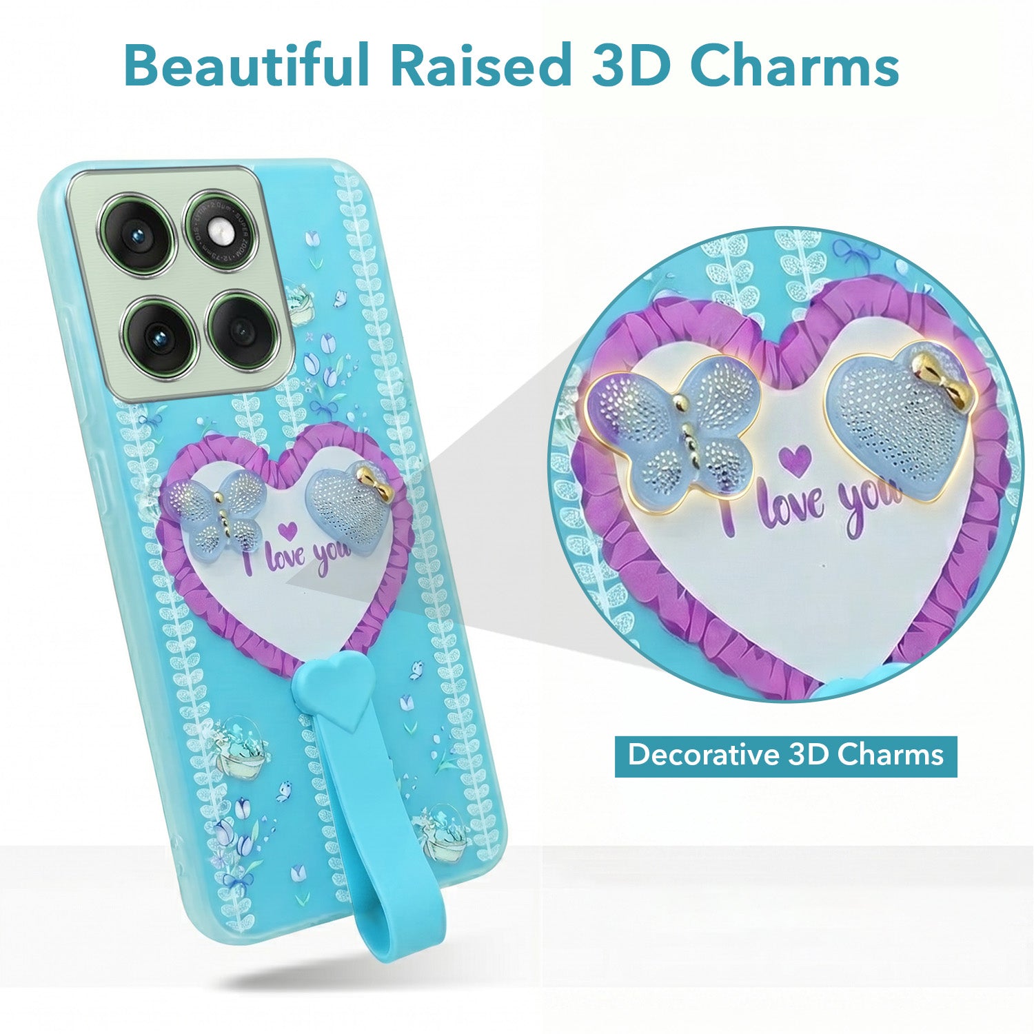 For Motorola Moto Edge 60 Back Cover Case (3D Cute Heart Strap Holder | Camera Protection | Designer Girls Print)