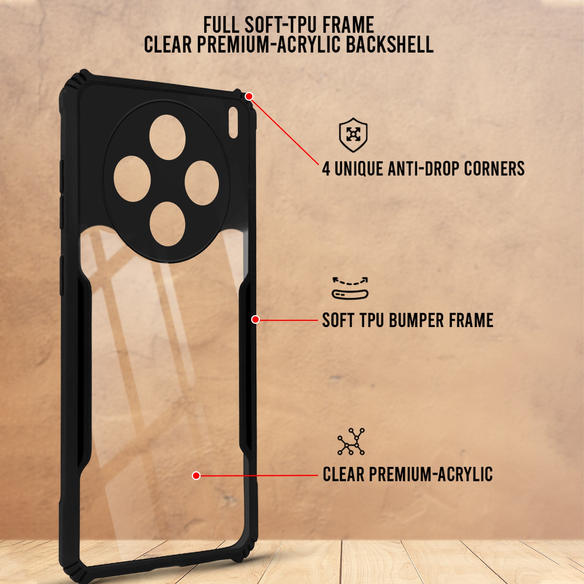 For Vivo X200T Back Cover Case Hybrid (Shockproof with Polycarbonate Clear Panel | Professional Black)