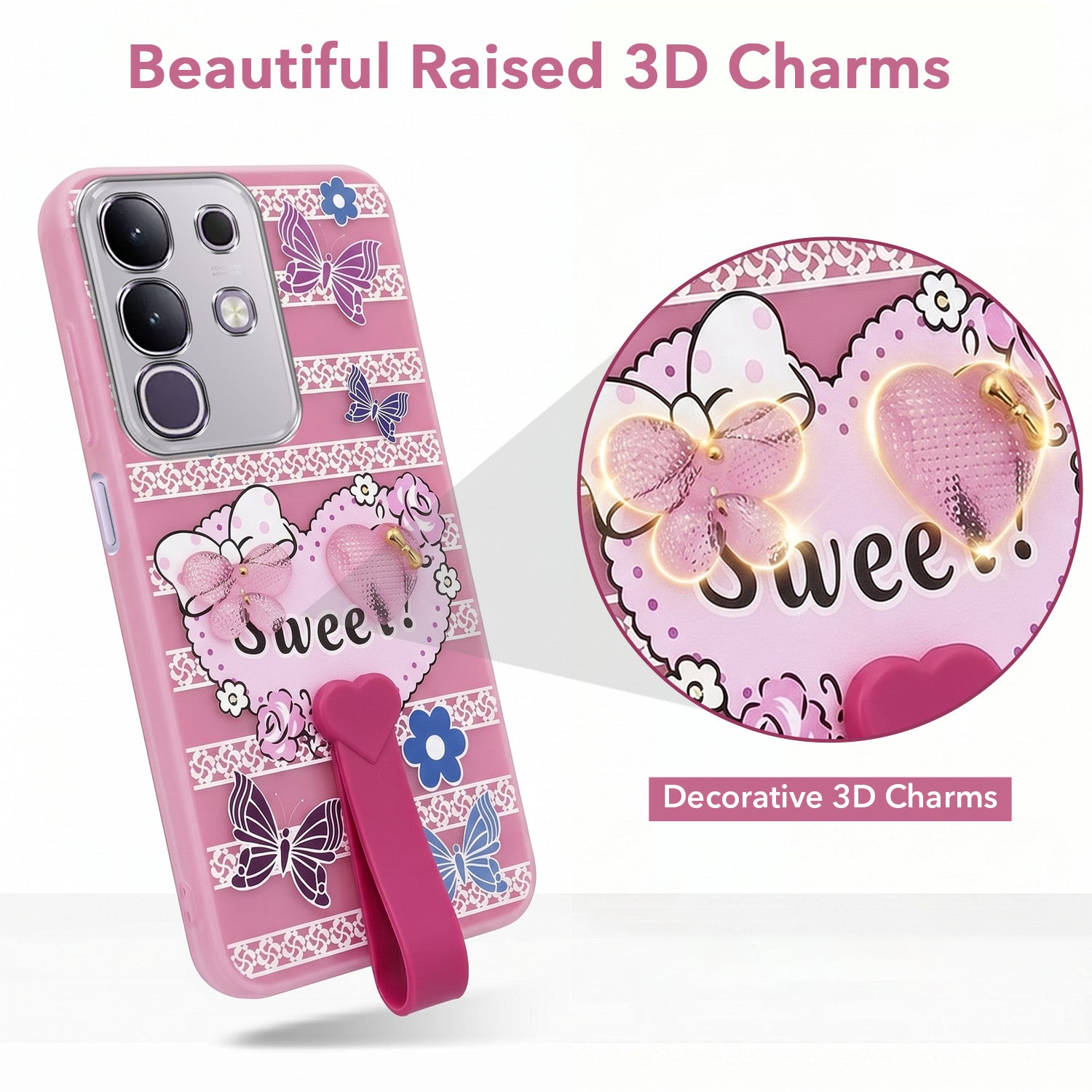 For Vivo T4x | Vivo Y31 Pro Back Cover Case (3D Cute Heart Strap Holder | Camera Protection | Designer Girls Print)