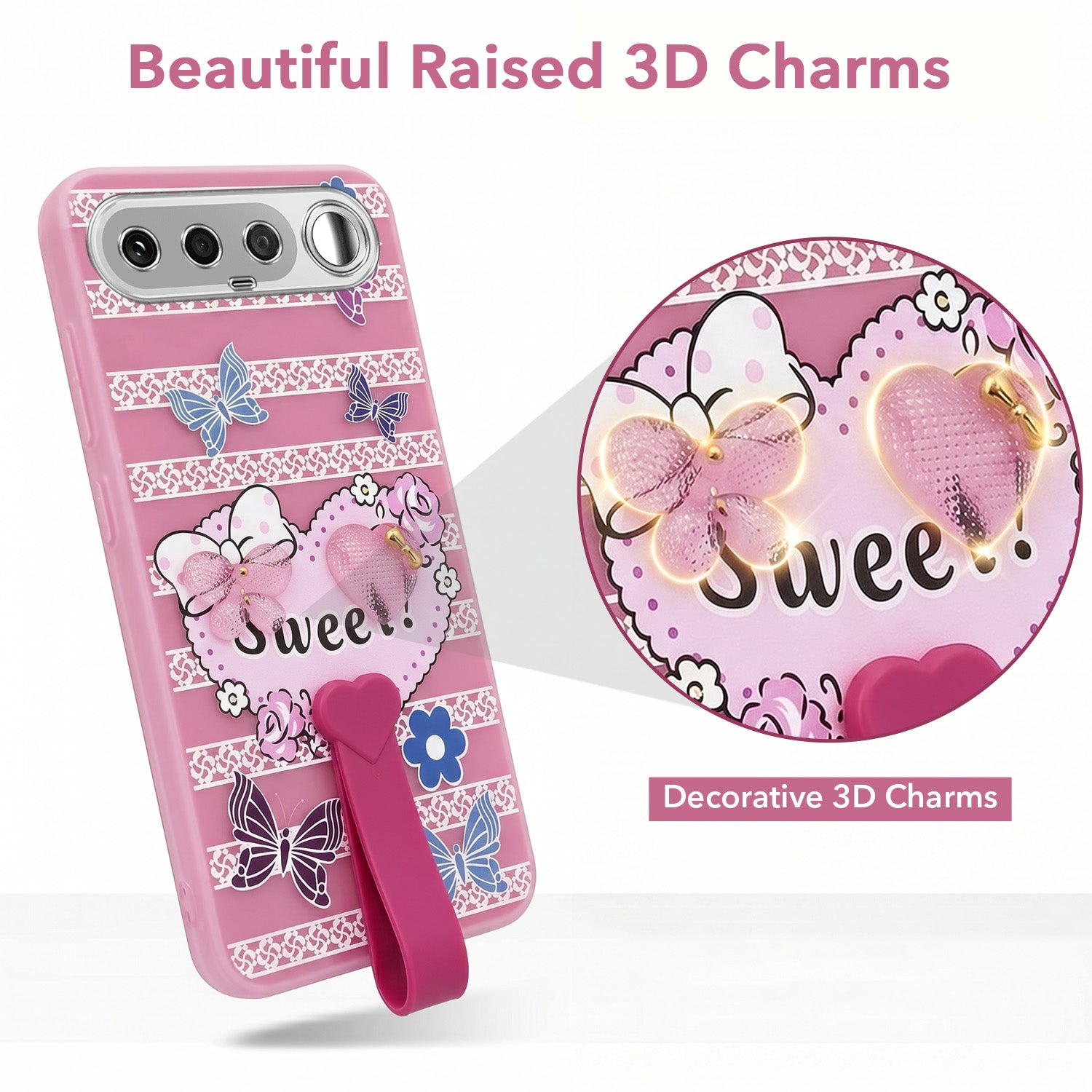 For Realme 16 Back Cover Case (3D Cute Heart Strap Holder | Camera Protection | Designer Girls Print)