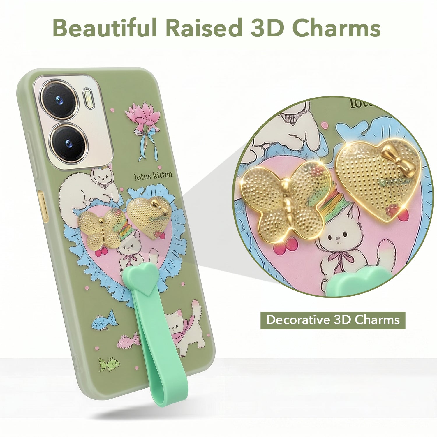 For Vivo T2x Back Cover Case (3D Cute Heart Strap Holder | Camera Protection | Designer Girls Print)