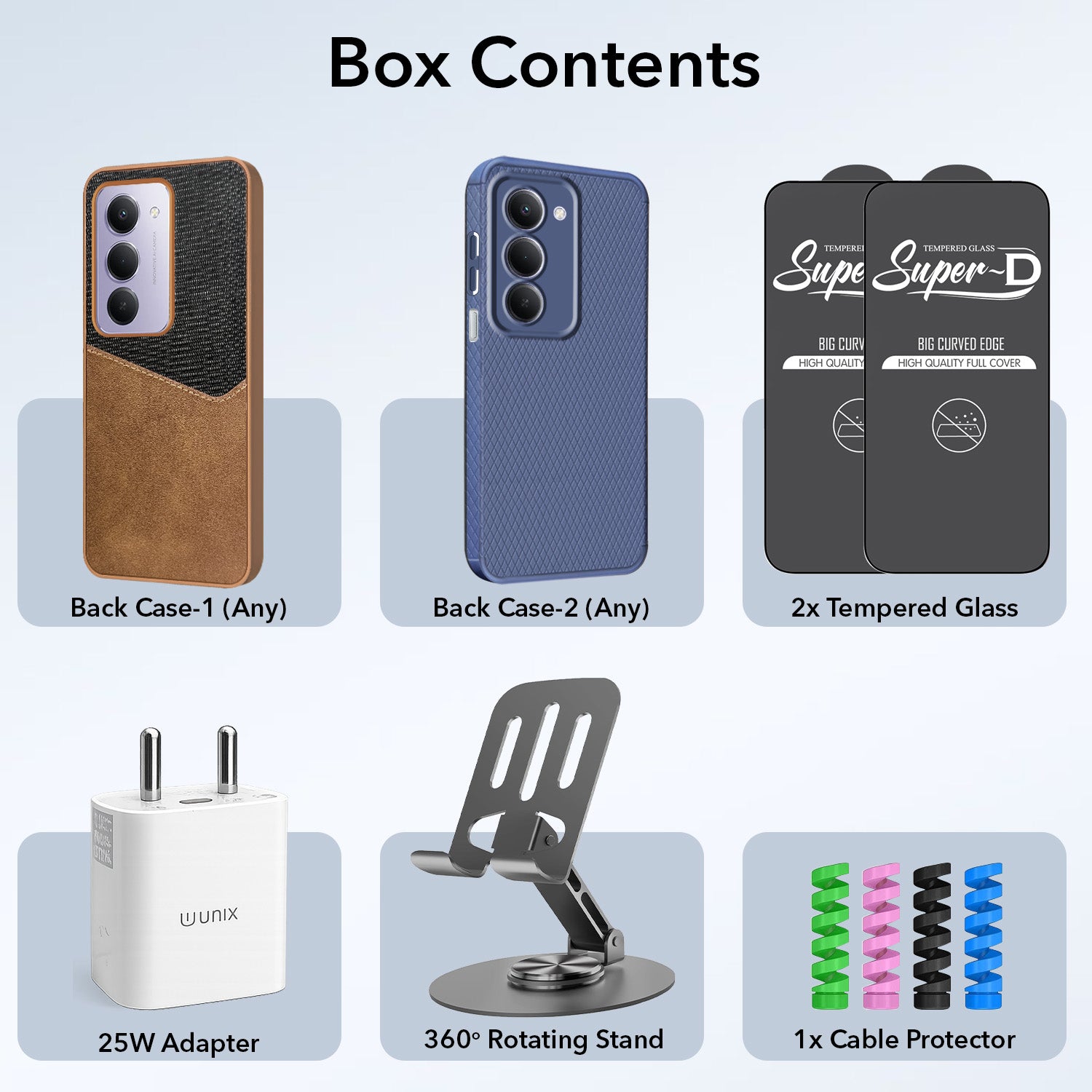 Complete Mobile Care Kit (Get Any 2 Cases+2 Tempered Glass+25W Charger Adapter+Metallic Mobile Stand+Cable Protector)