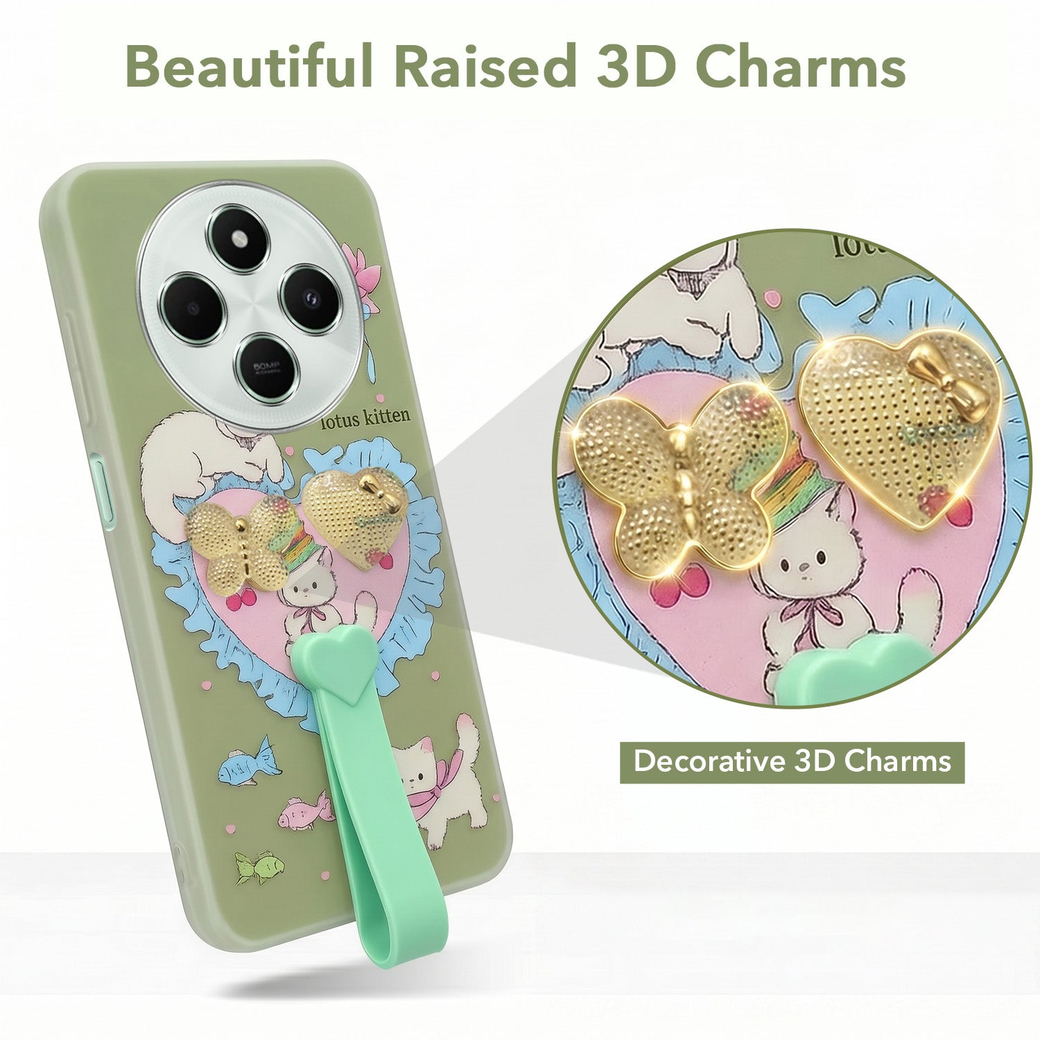 For Poco C75 | Poco M7 Back Cover Case (3D Cute Heart Strap Holder | Camera Protection | Designer Girls Print)