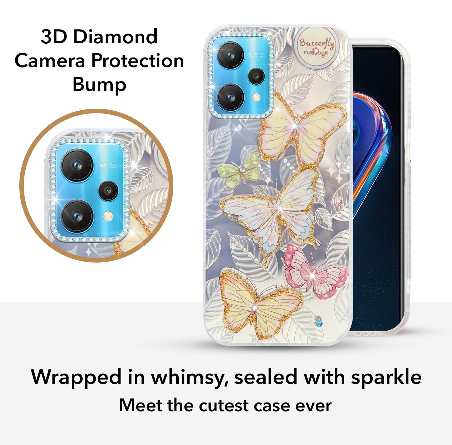 For Realme 9 Pro Back Cover Case (Luxury Floral Glitter Cute Butterfly | Diamond Studded Camera Bump | Girls & Women Design)