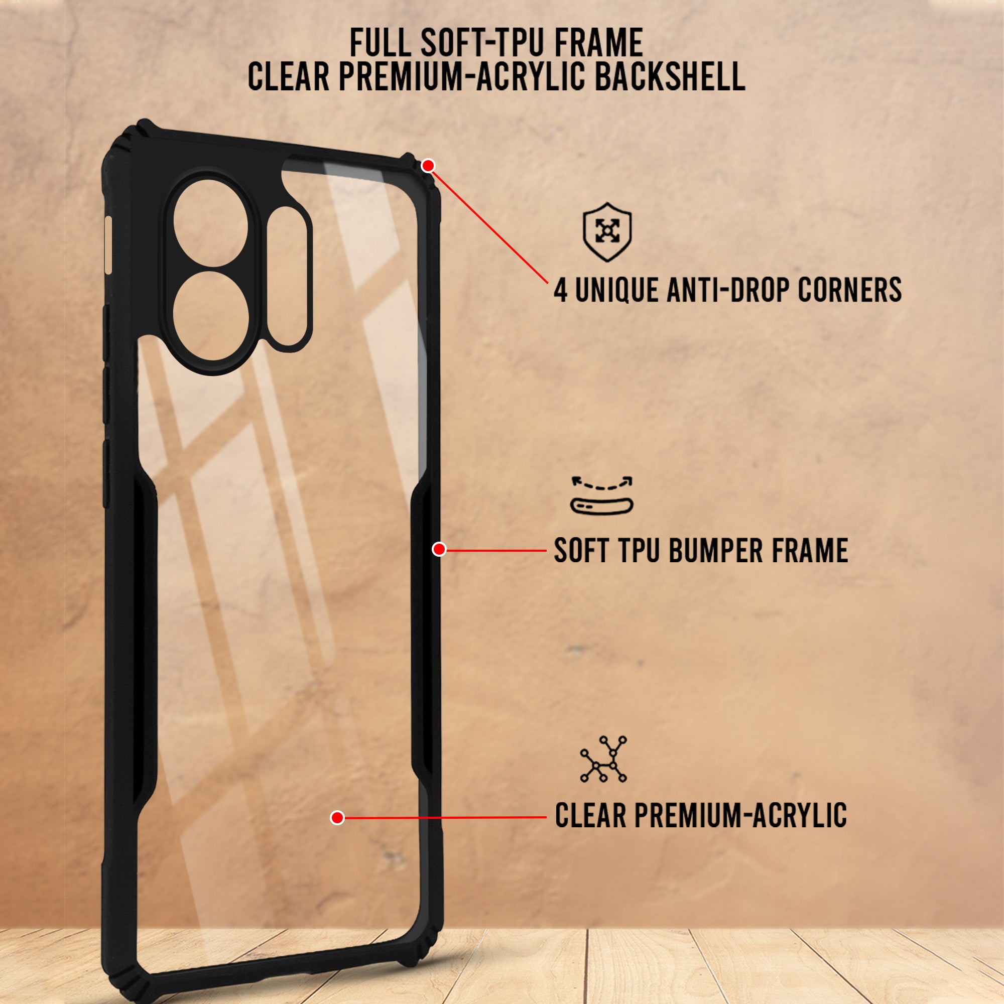 For Oppo K13 Turbo | Oppo K13 Turbo Pro Back Cover Case (Shockproof with Polycarbonate Clear Panel | Professional Black)