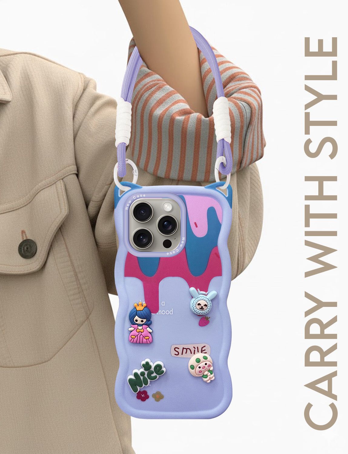 For Apple iPhone 15 Pro Max Back Case Cover Strap(3D Embossed Figures | Strap Holder | 360* Soft Cushion with Camera Bump)