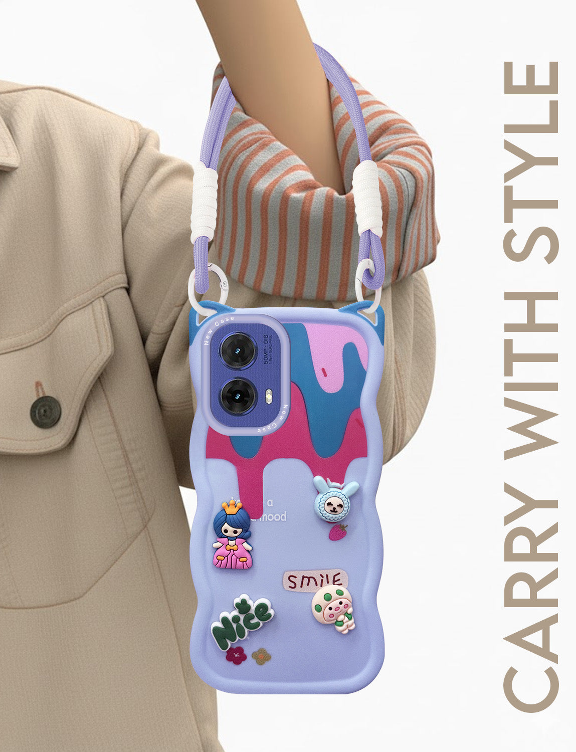 For Motorola Moto G85 5G Back Case Cover Strap(3D embossed Figures | Strap Holder | 360* Soft Cushion with Camera Bump)