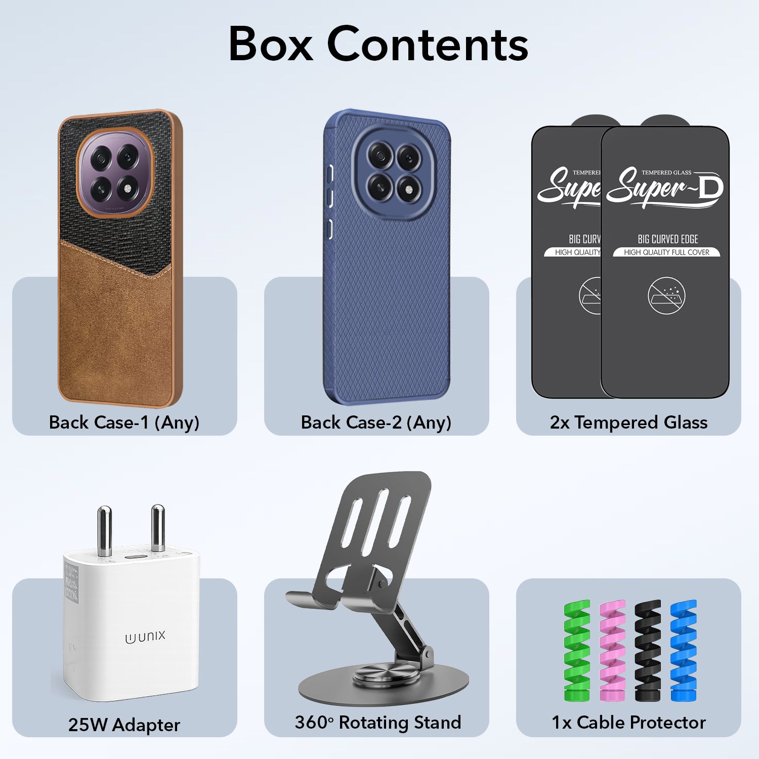 Complete Mobile Care Kit (Get Any 2 Cases+2 Tempered Glass+25W Charger Adapter+Metallic Mobile Stand+Cable Protector)