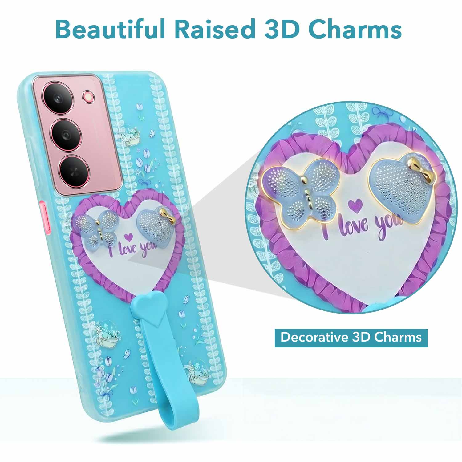 For Realme 14X Back Cover Case (3D Cute Heart Strap Holder | Camera Protection | Designer Girls Print)