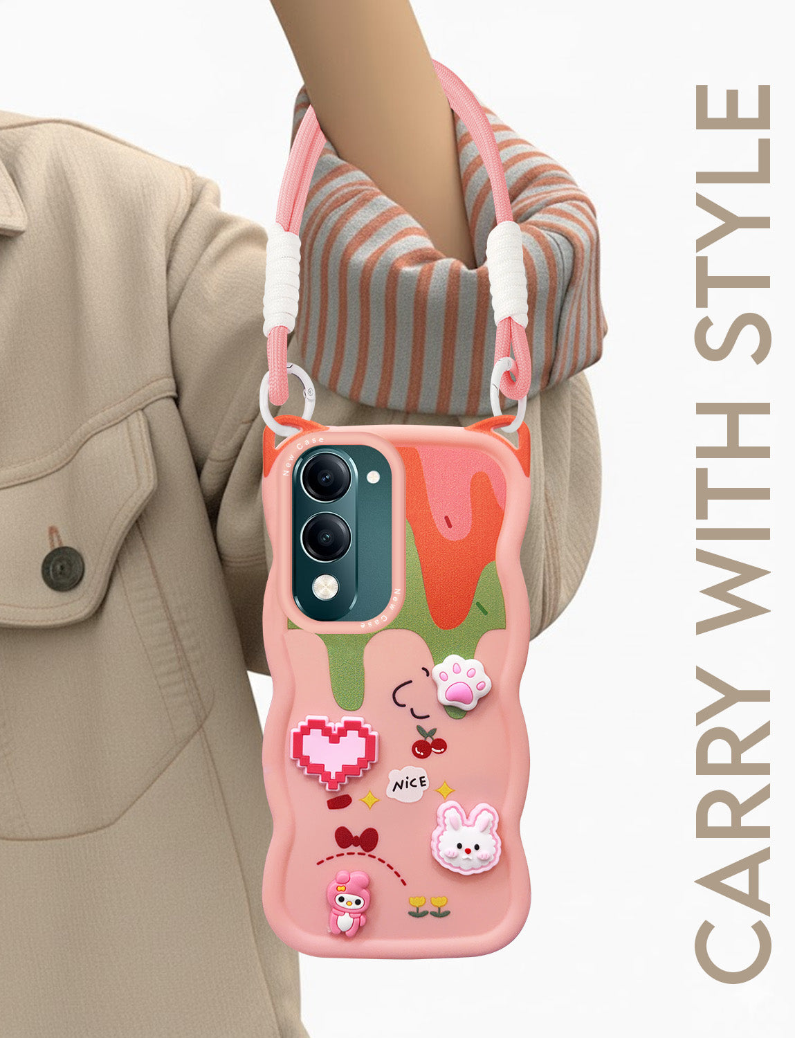 For Vivo Y19 | Vivo Y19e | Vivo T4 Lite Back Case Cover Strap (3D Embossed Figures | Strap Holder | 360* Soft Cushion with Camera Bump)