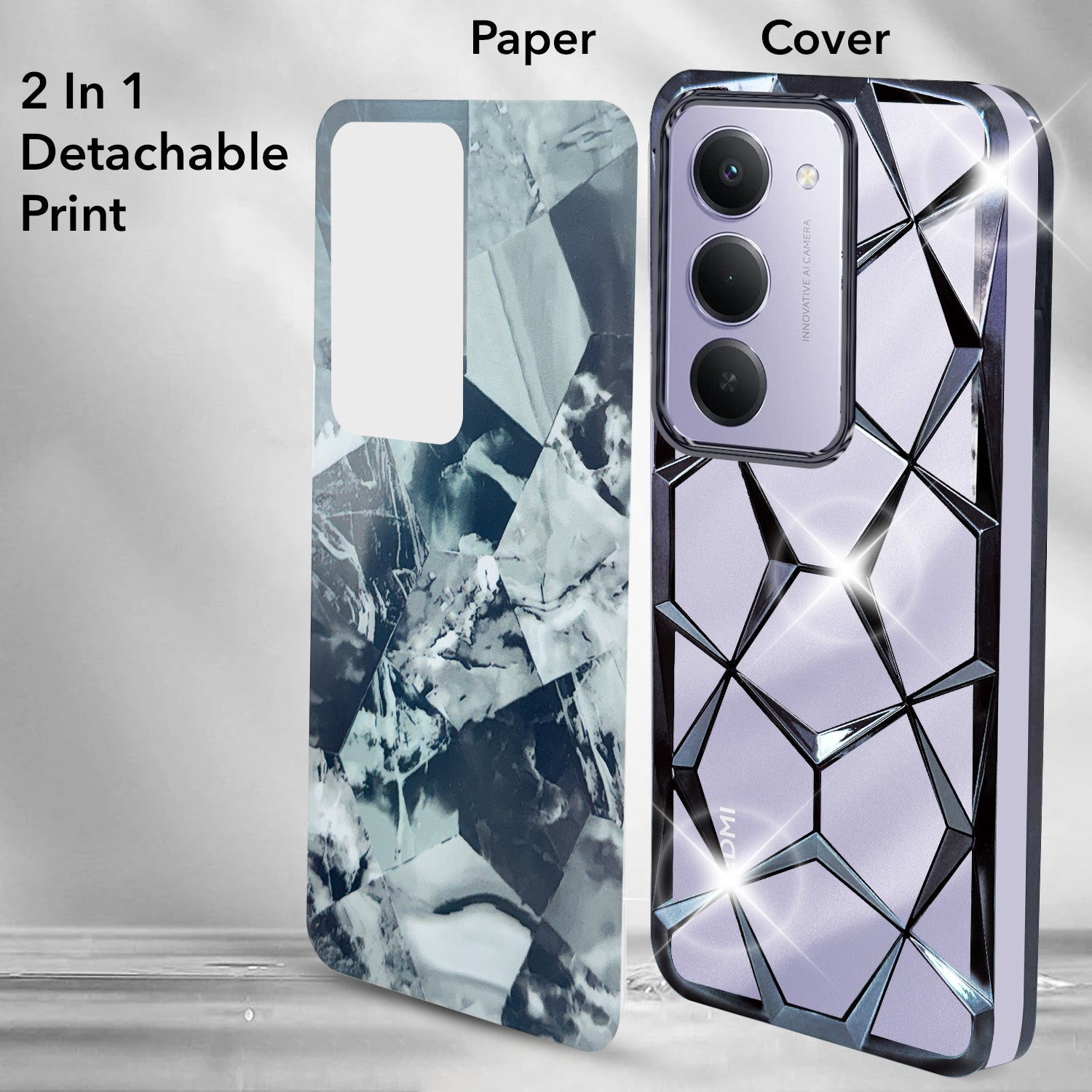 For Redmi 15 Back Cover Case 3D Silicone Compatible (Dual Design Glitter Sparkle and Detachable Diamond Print Case | Soft and Flexible)