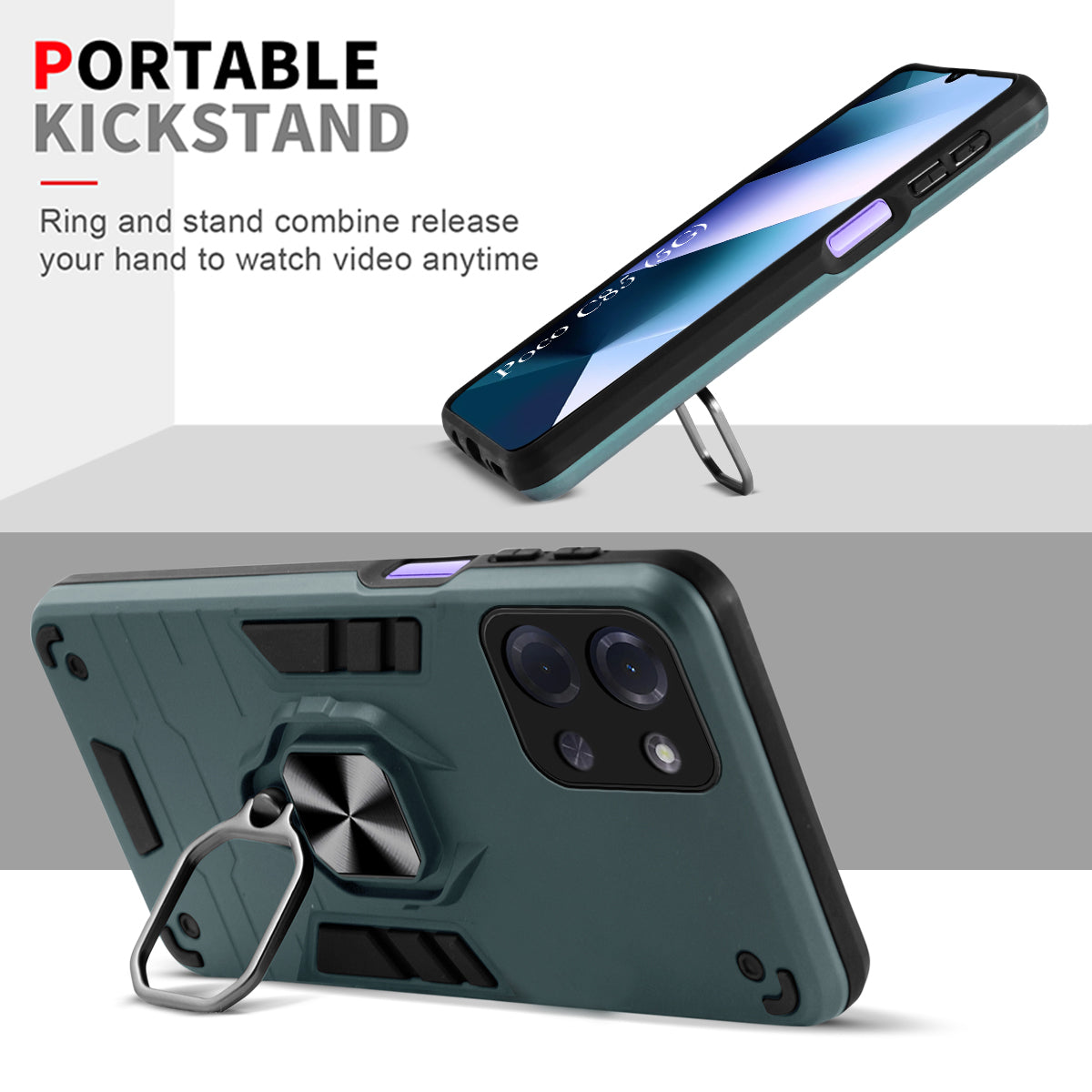 For Poco C85 5G Hybrid Armor Back Cover Case (Shockproof Dual Layer Polycarbonate |Ring Holder Kickstand)