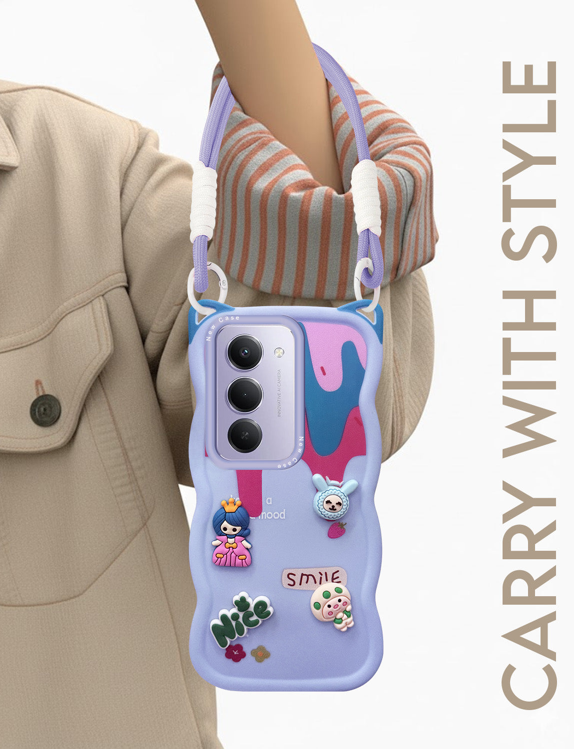 For Redmi 15 Back Case Cover Strap (3D Embossed Figures | Strap Holder | 360* Soft Cushion with Camera Bump)