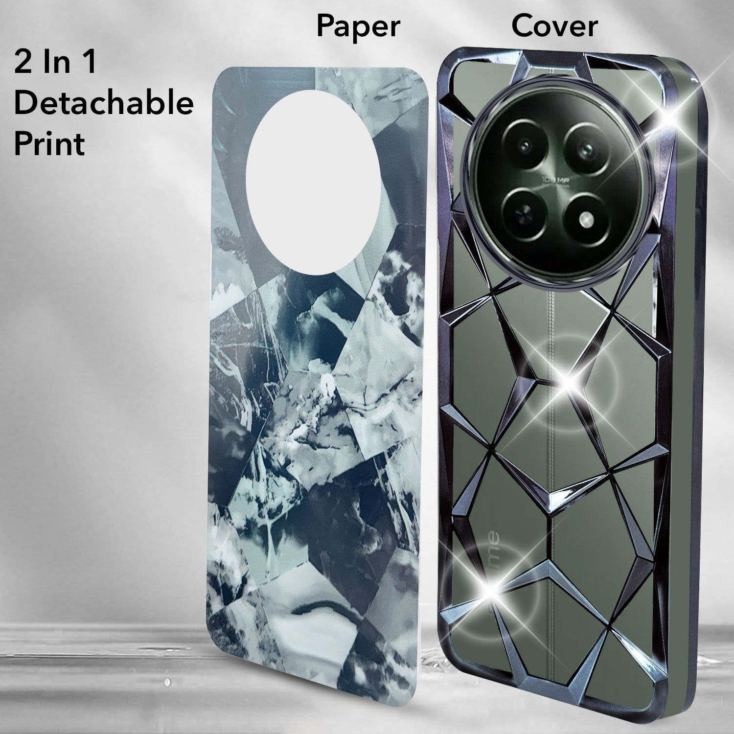 For Realme 12 | Realme 12X Back Cover Case( Dual Design Glitter Sparkle and Detachable Diamond Print Case | Soft and Flexible)