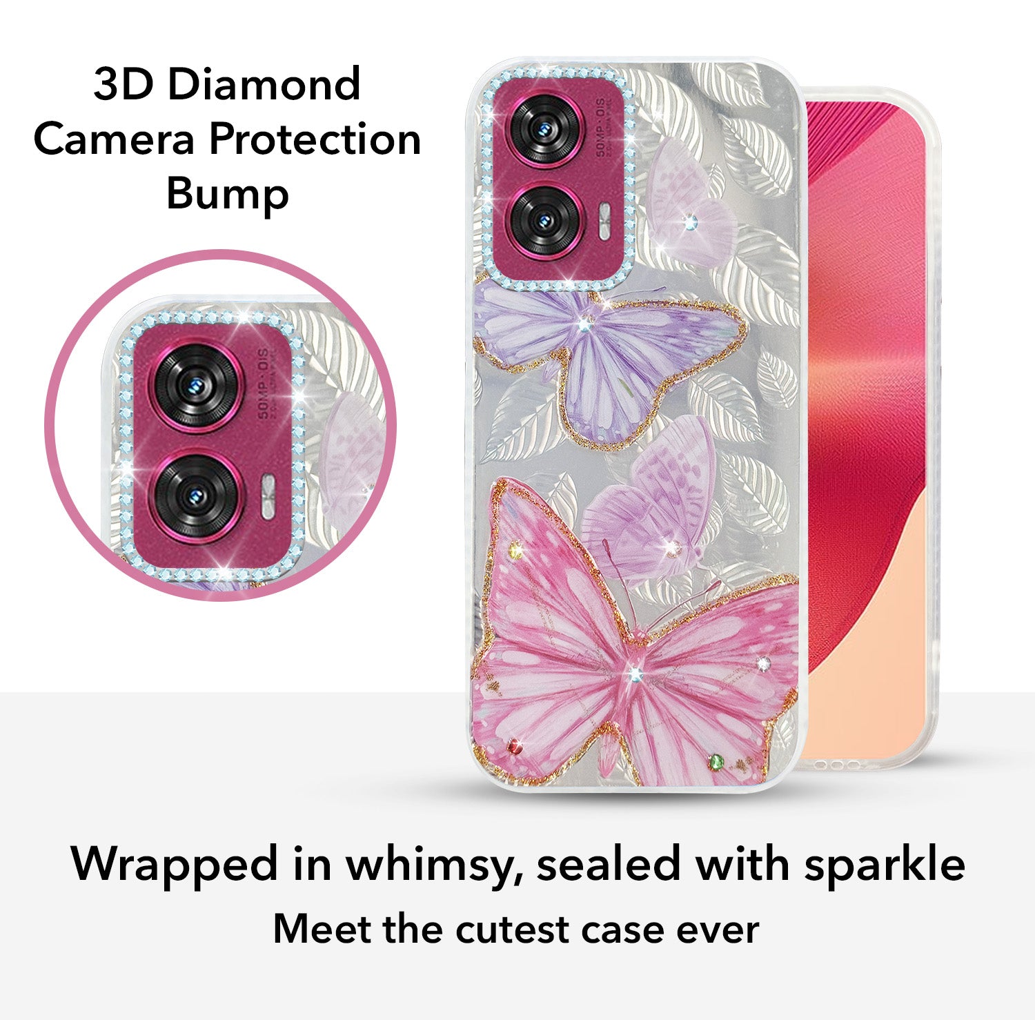 For Motorola Moto Edge 50 Fusion Back Cover Case (Luxury Floral Glitter Cute Butterfly | Diamond Studded Camera Bump | Girls & Women Design)