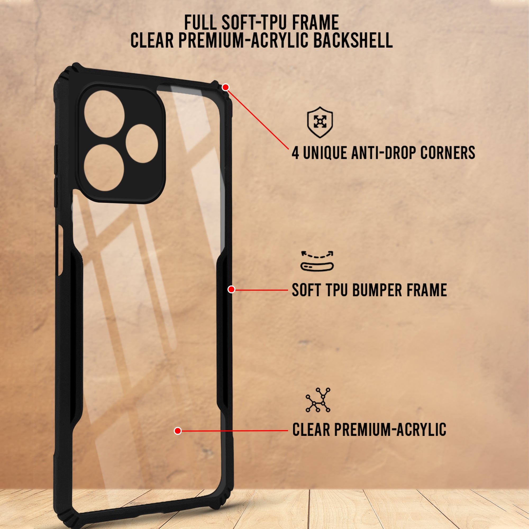For Oppo A6c 4G Back Cover Case Hybrid (Shockproof with Polycarbonate Clear Panel | Professional Black)