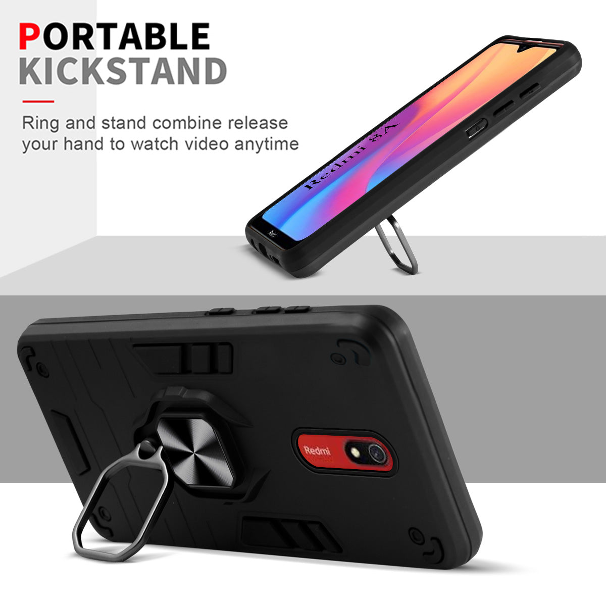 For Xiaomi Mi Redmi 8A Back Cover Case Hybrid Armor (Shockproof Dual Layer Polycarbonate |Ring Holder Kickstand)