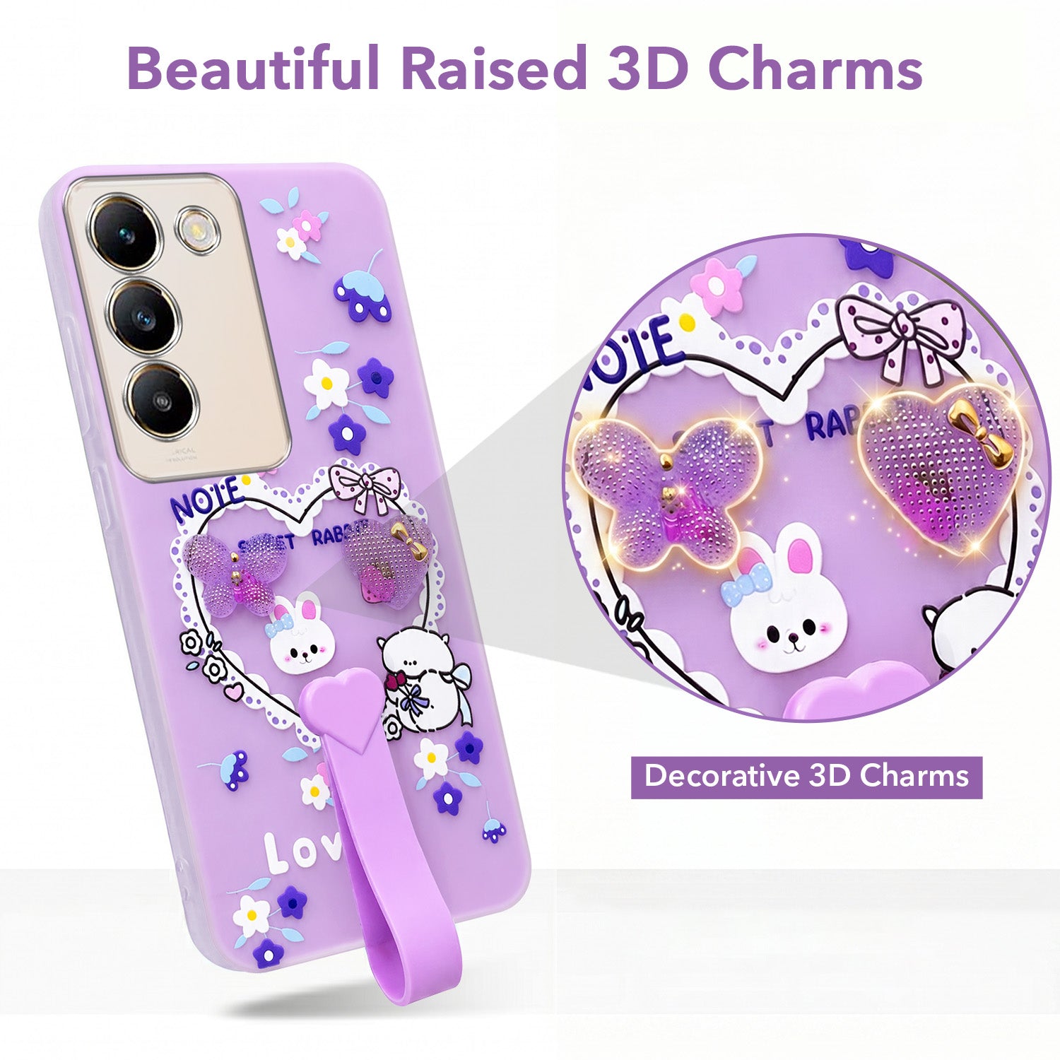 For Vivo Y200e Back Cover Case (3D Cute Heart Strap Holder | Camera Protection | Designer Girls Print)