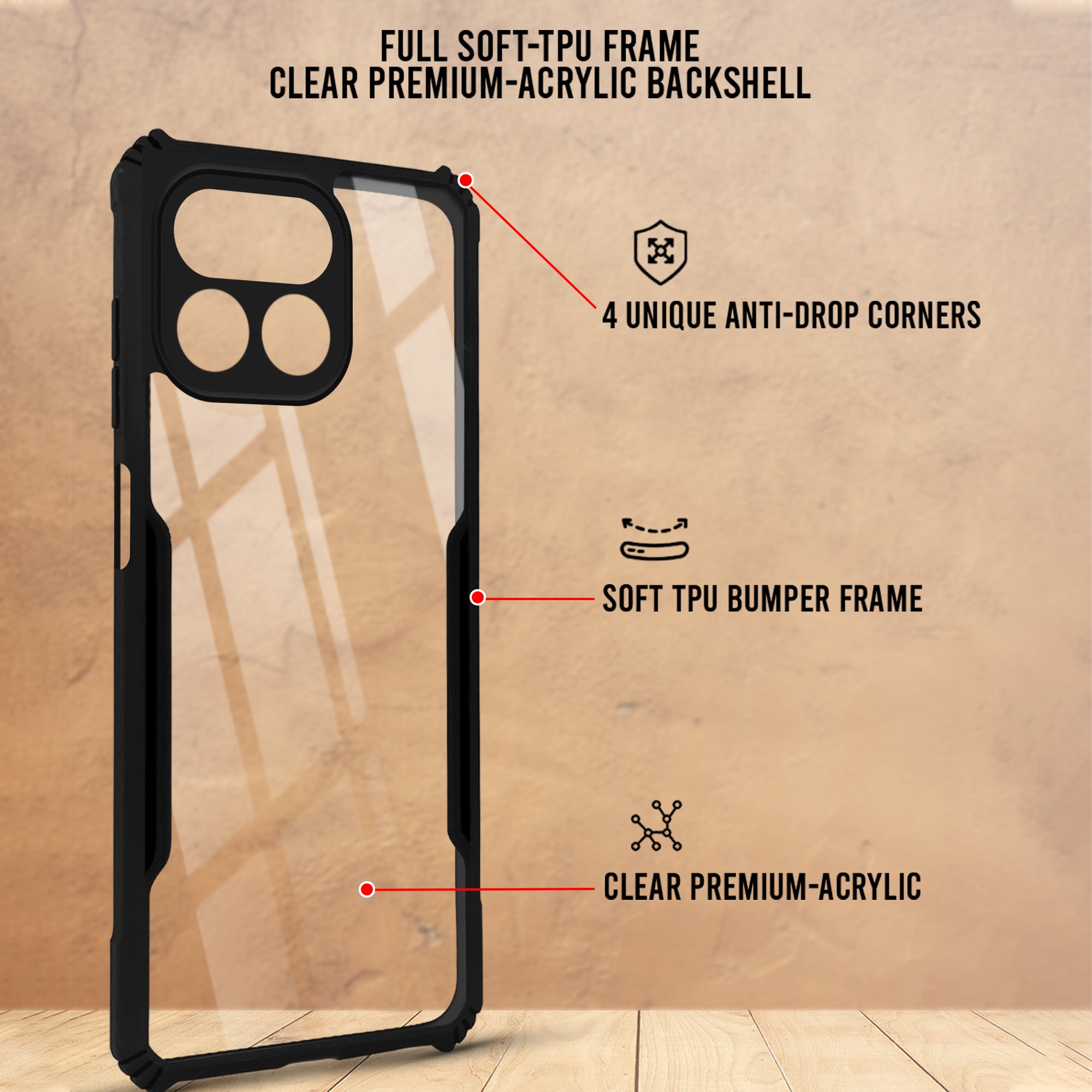 For Realme 16T 5G Back Cover Case Hybrid (Shockproof with Polycarbonate Clear Panel | Professional Black)