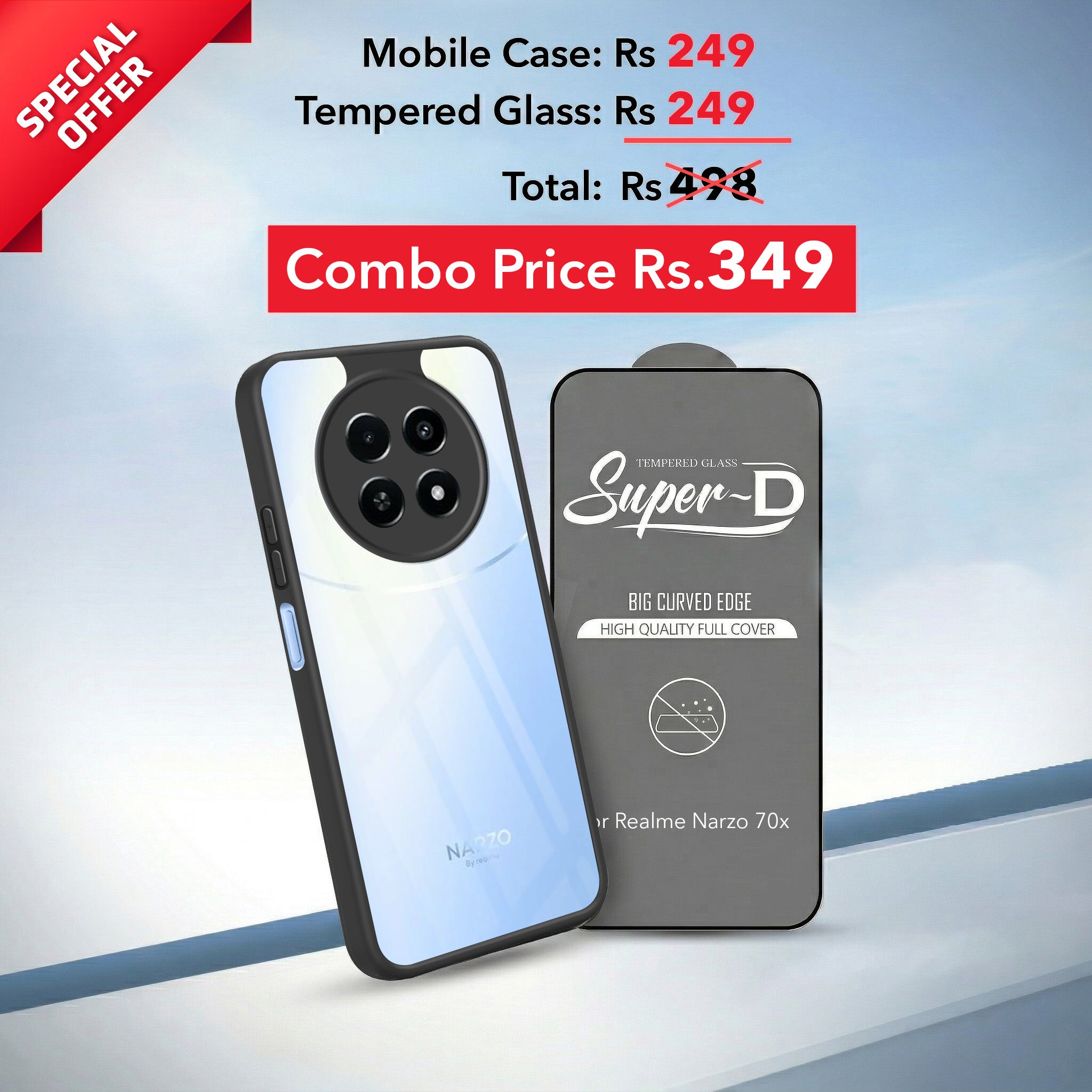 For Realme Narzo 70x 5G Combo with Back Cover and 9H Tempered Glass (Lifetime Anti-Yellow | Crystal Clear Shockproof | Oleophobic Coating Screen Glass)