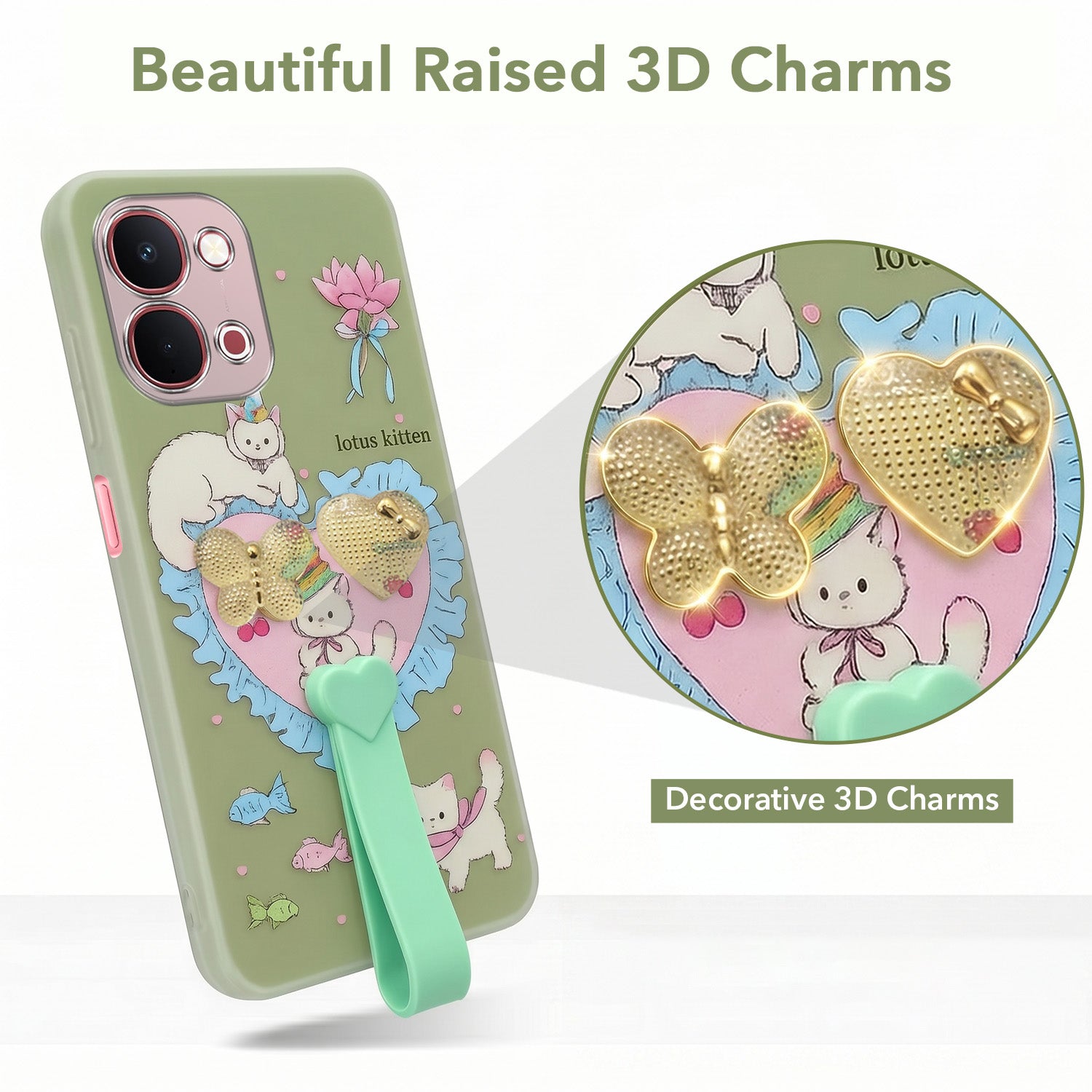 For Vivo Y51 Pro 5G | Vivo T5x Back Cover Case (3D Cute Heart Strap Holder | Camera Protection | Designer Girls Print)