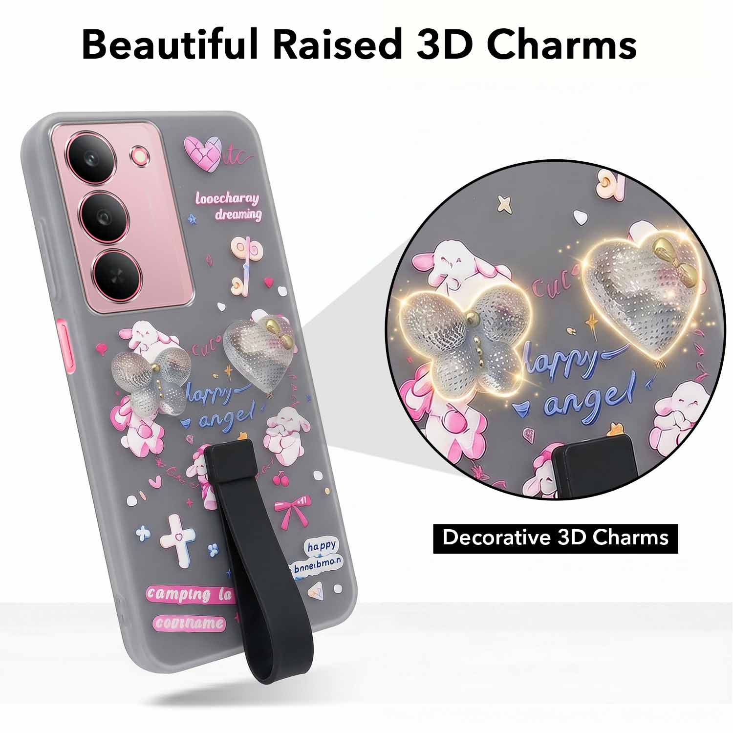 For Realme 14X Back Cover Case (3D Cute Heart Strap Holder | Camera Protection | Designer Girls Print)