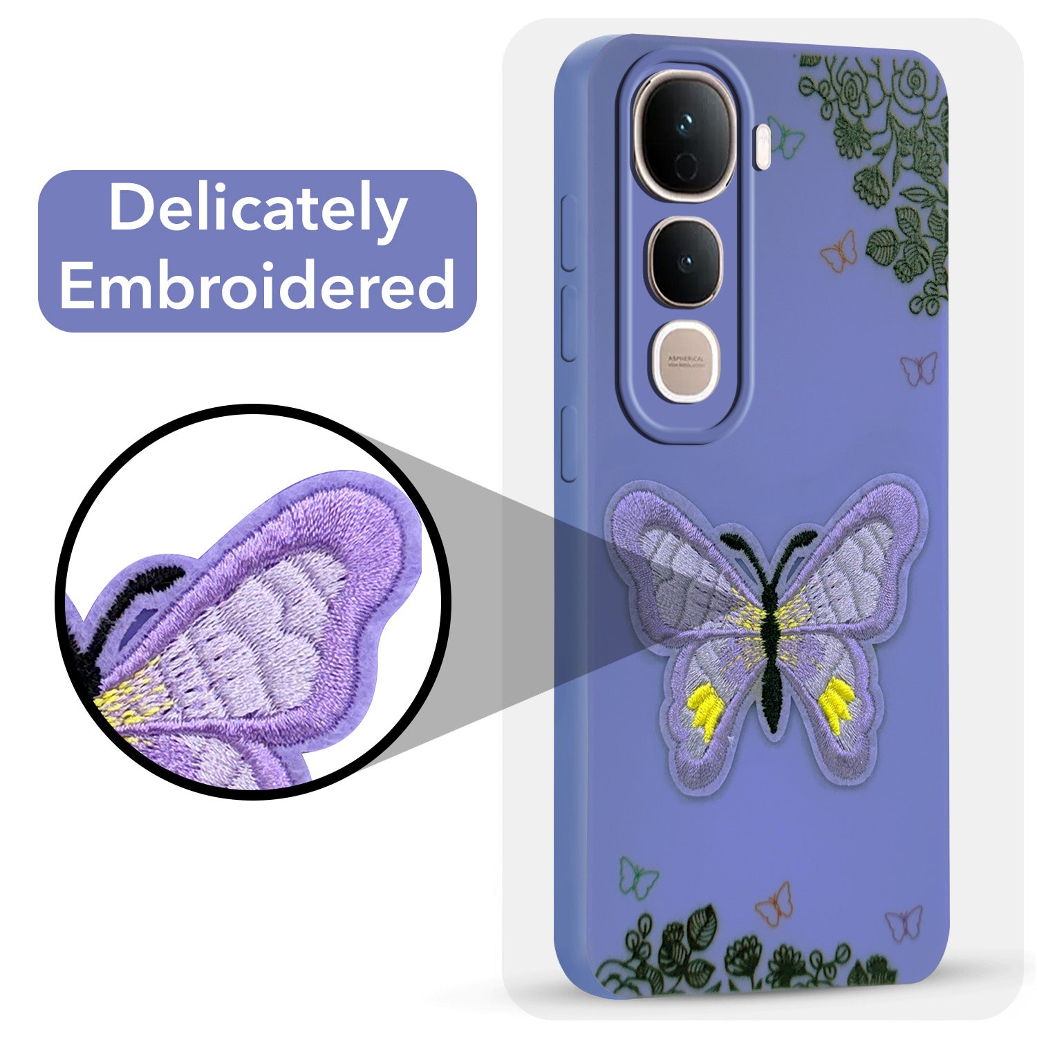 For Vivo Y400 Pro Back Cover Case (Soft Butterfly Embroidery | Women Teen Girls | Camera Protection| Matte Silicone)