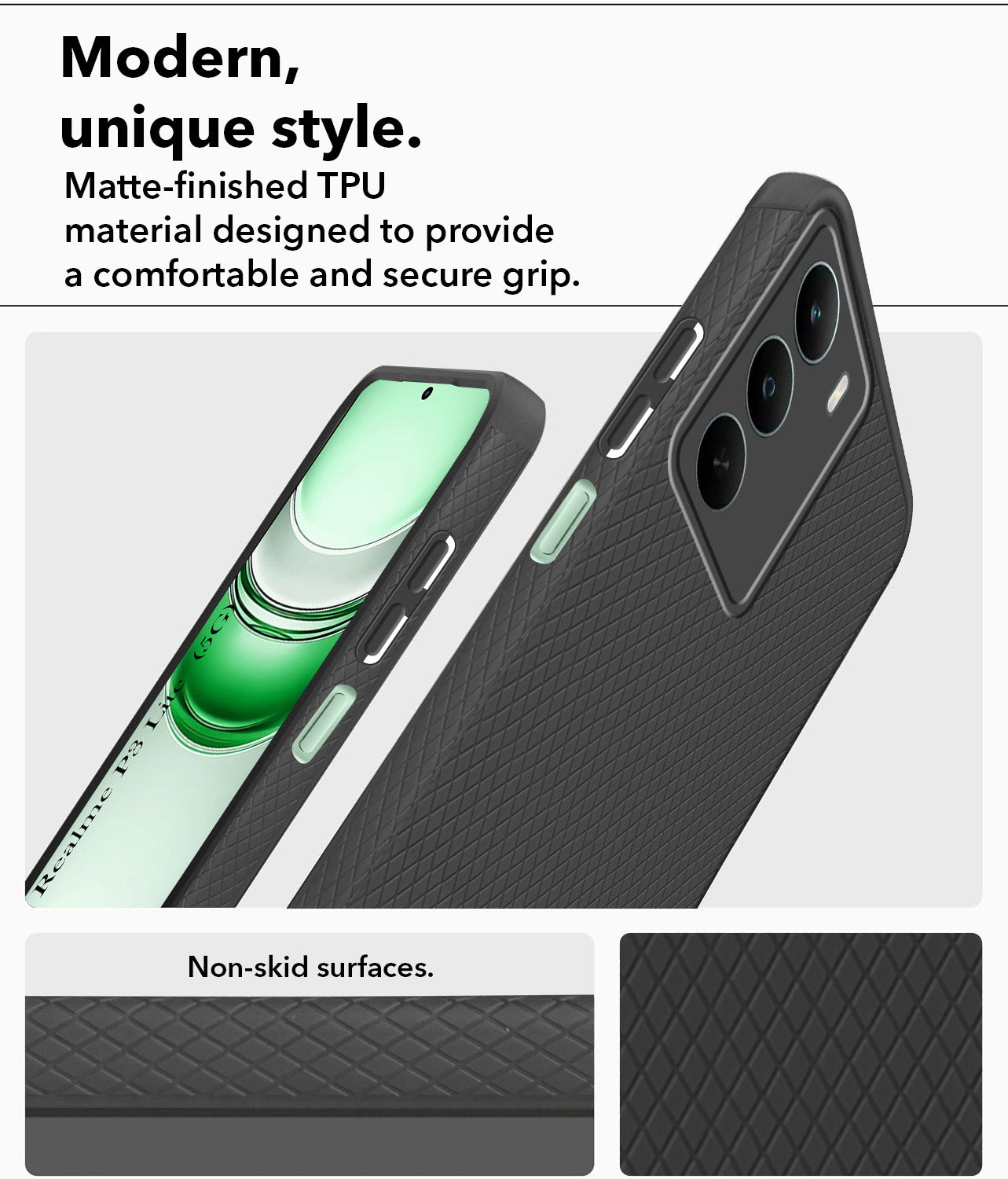 For Realme P3 Lite Back Cover Case (Camera Protection | Side Grip Texture | Soft and Flexible)