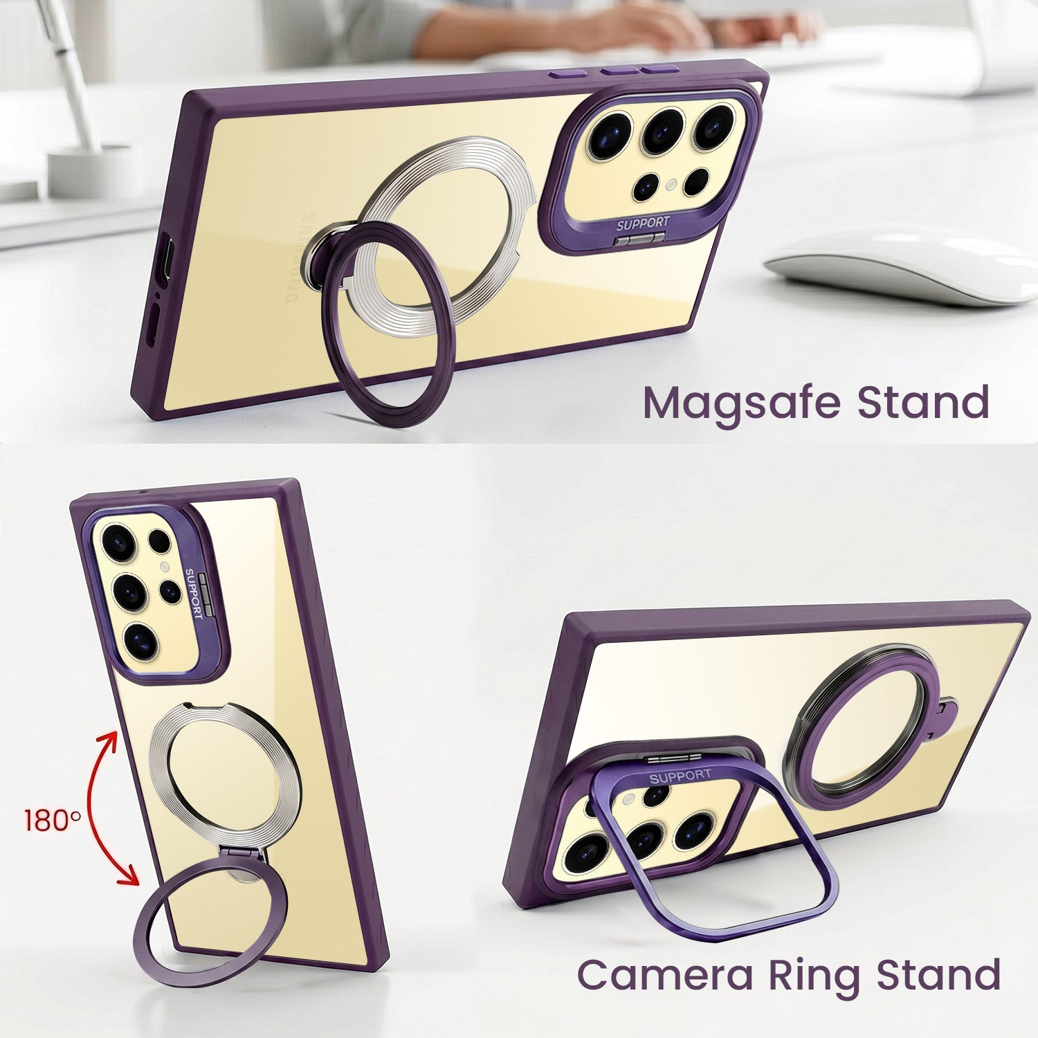For Samsung Galaxy S24 Ultra Back Cover Case Crystal (Lifetime Anti Yellow | Magnetic Ring Stand | Camera Lens Protection | MagSafe Compatible)
