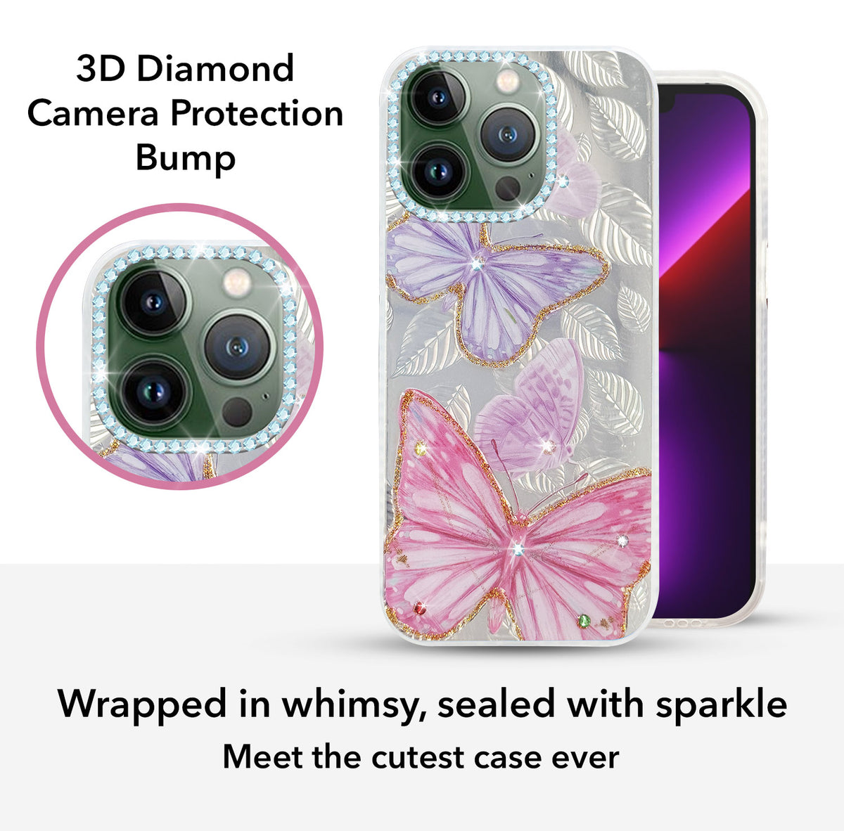 For Apple iPhone 13 Pro Back Cover Case (Luxury Floral Glitter Cute Butterfly | Diamond Studded Camera Bump | Girls & Women Design)