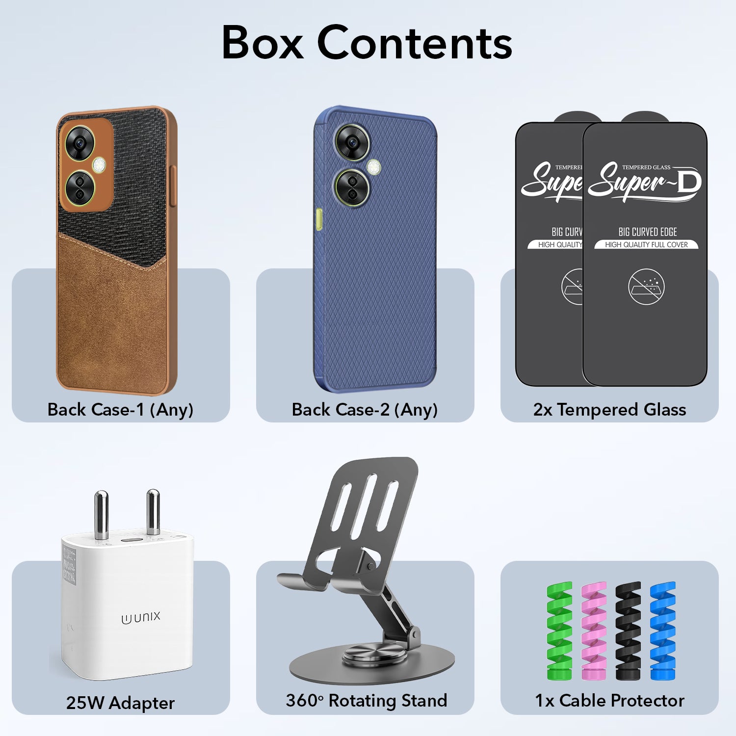 Complete Mobile Care Kit (Get Any 2 Cases+2 Tempered Glass+25W Charger Adapter+Metallic Mobile Stand+Cable Protector)