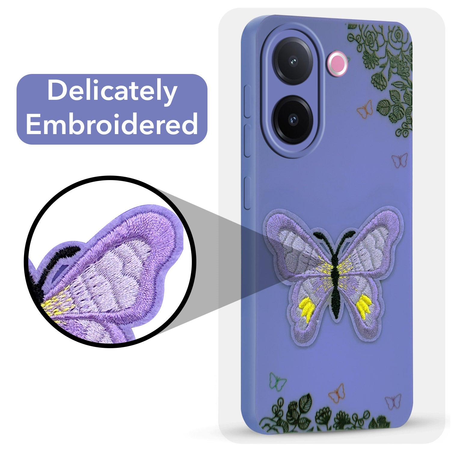 For Vivo V60e Back Cover Case (SoFt Butter Fly Embroidery | Women Teen Girls | Camera Protection| Matte Silicone)