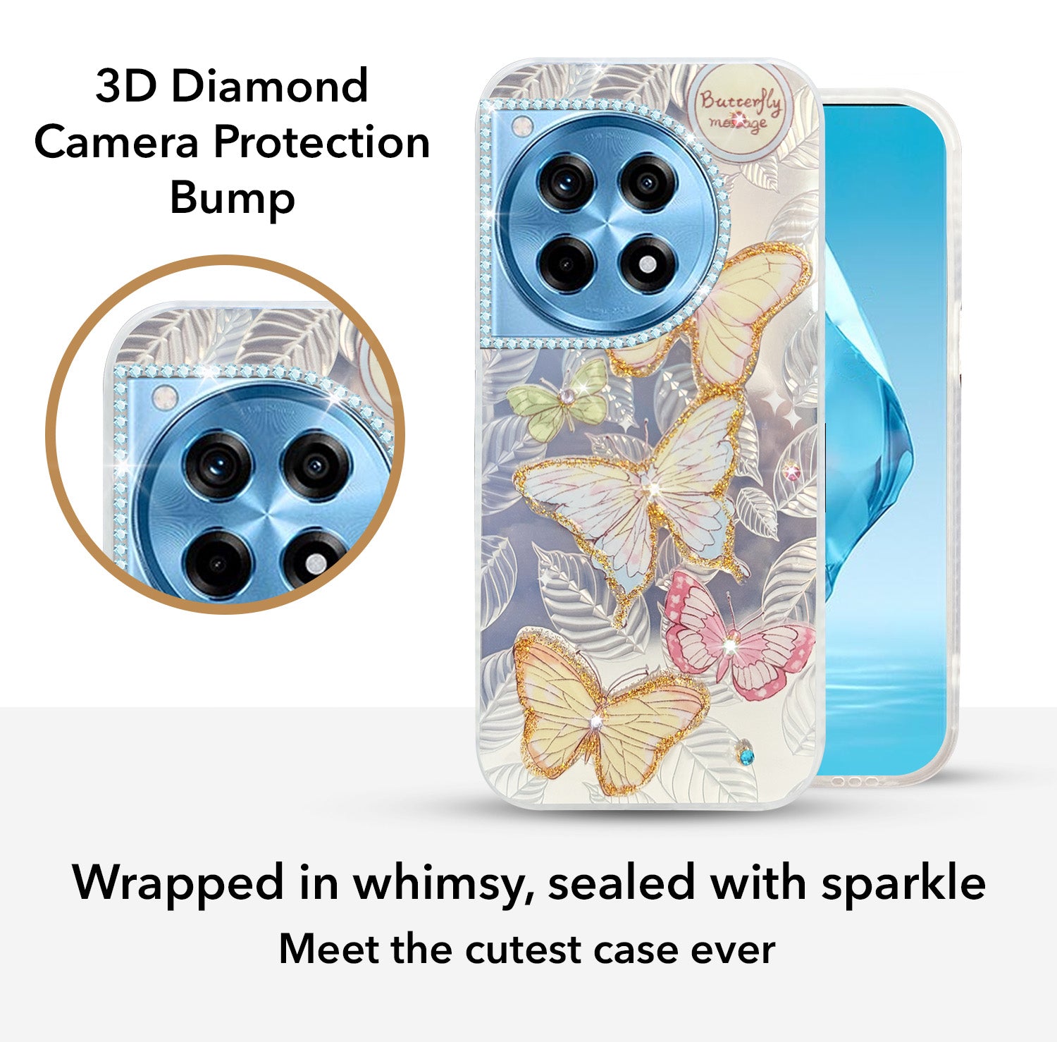 For OnePlus 12R 5G Back Cover Case (Luxury Floral Glitter Cute Butterfly | Diamond Studded Camera Bump | Girls & Women Design)