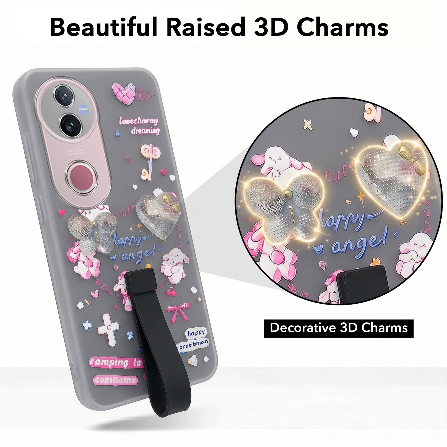 For Vivo V50 | Vivo V50e Back Cover Case (3D Cute Heart Strap Holder | Camera Protection | Designer Girls Print)
