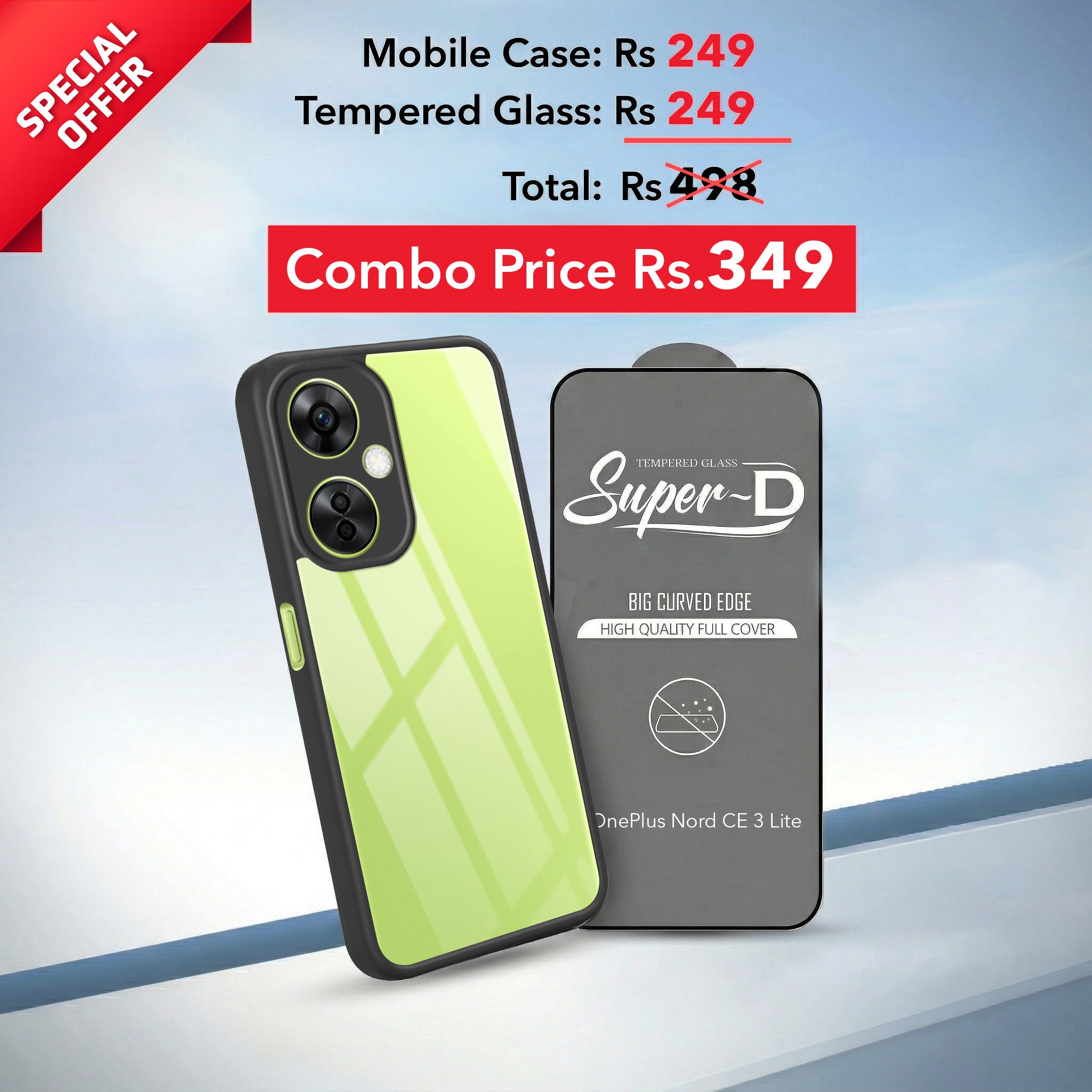 For OnePlus Nord CE 3 Lite Combo with Back Cover and 9H Tempered Glass (Lifetime Anti-Yellow | Crystal Clear Shockproof | Oleophobic Coating Screen Glass)