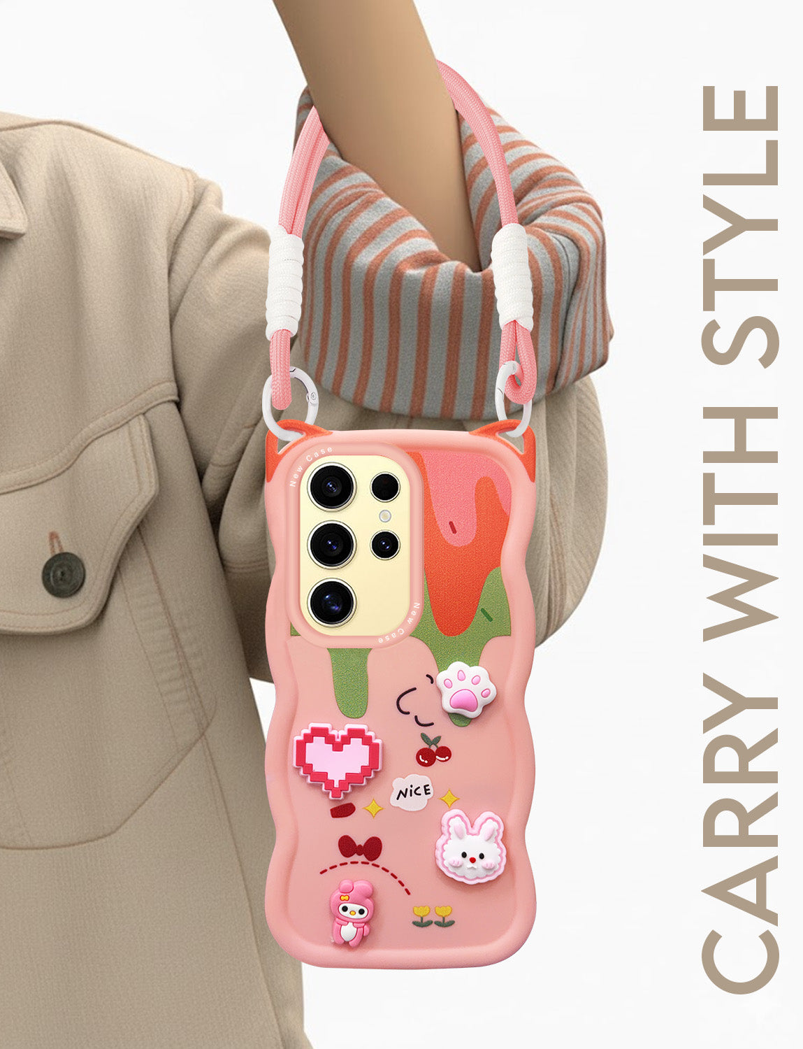 For Samsung Galaxy S24 Ultra Back Case Cover Strap (3D embossed Figures | Strap Holder | 360* Soft Cushion with Camera Bump)