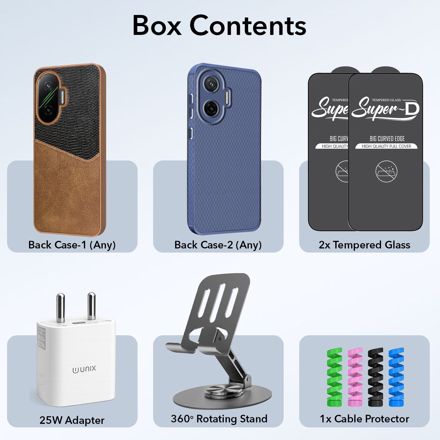 Complete Mobile Care Kit (Get Any 2 Cases+2 Tempered Glass+25W Charger Adapter+Metallic Mobile Stand+Cable Protector)