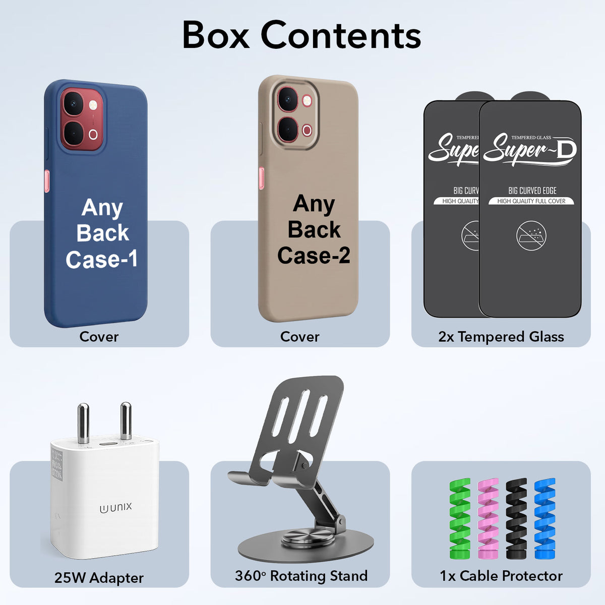 Complete Mobile Care Kit (Get Any 2 Cases+2 Tempered Glass+25W Charger Adapter+Metallic Mobile Stand+Cable Protector)