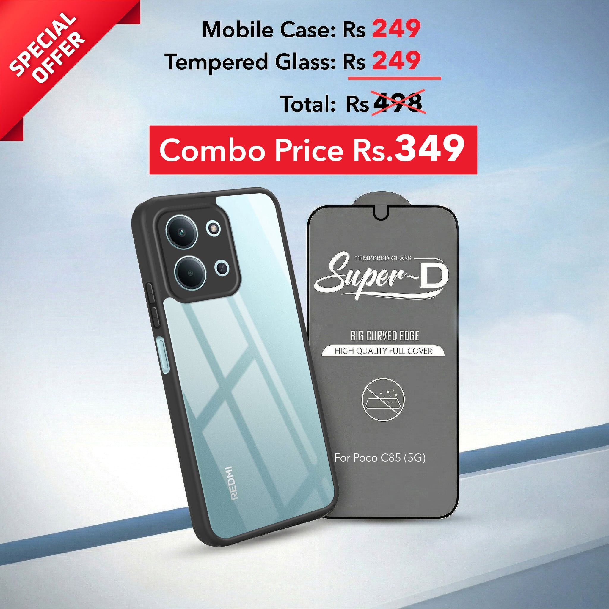 For Poco C85 5G Combo with Back Cover and 9H Tempered Glass (Lifetime Anti-Yellow | Crystal Clear Shockproof | Oleophobic Coating Screen Glass)