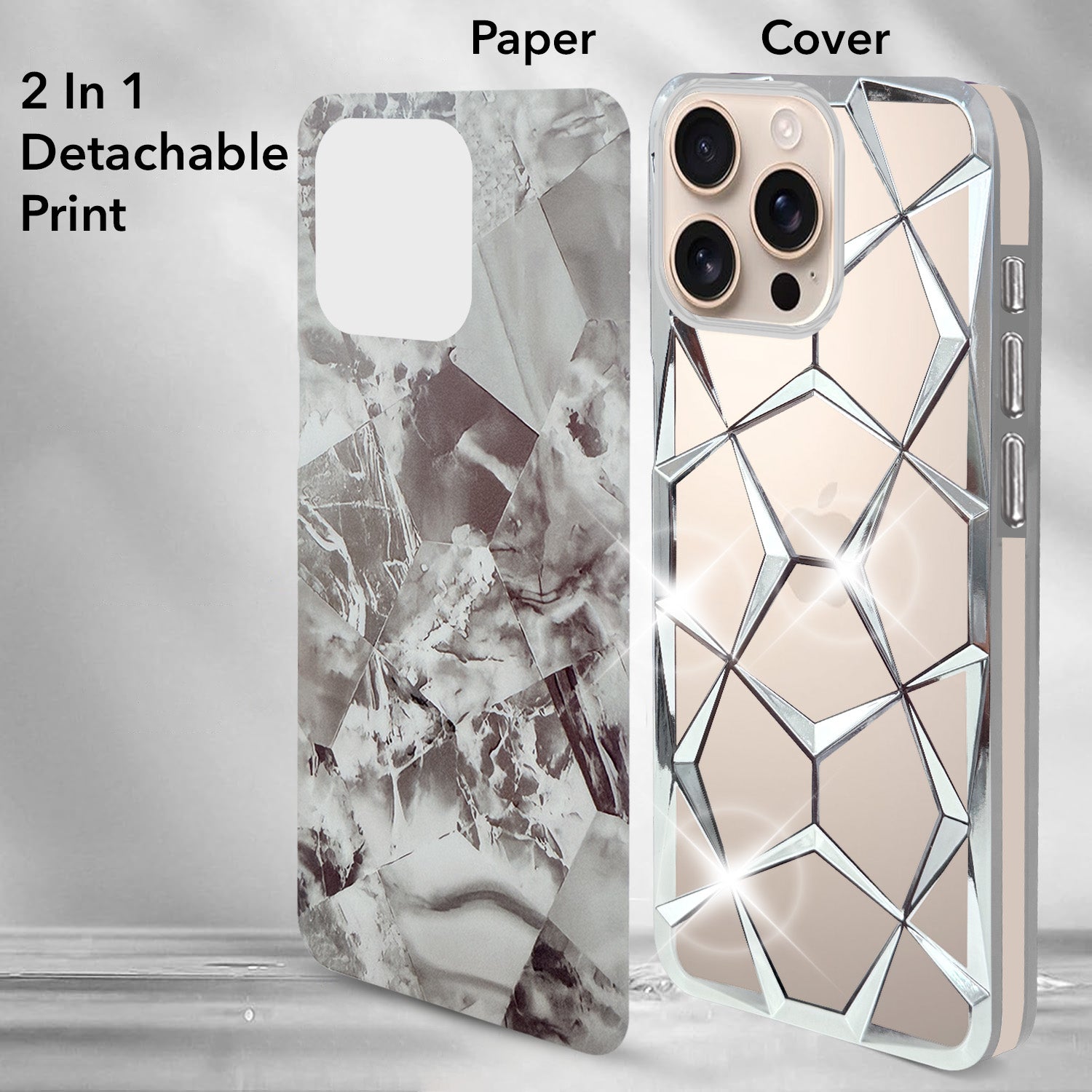 For Apple iPhone 16 Pro Back Cover Case ( Dual Design Glitter Sparkle and Detachable Diamond Print Case | Soft and Flexible)