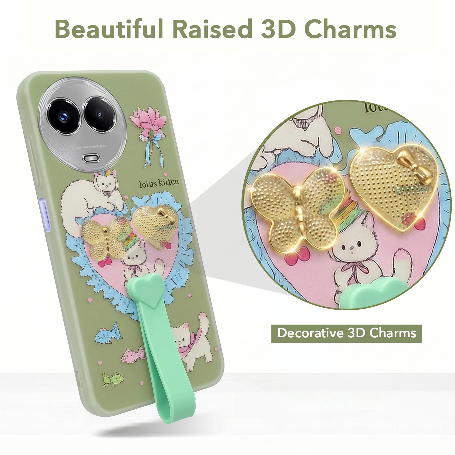 For Realme Narzo 60x Back Cover Case (3D Cute Heart Strap Holder | Camera Protection | Designer Girls Print)