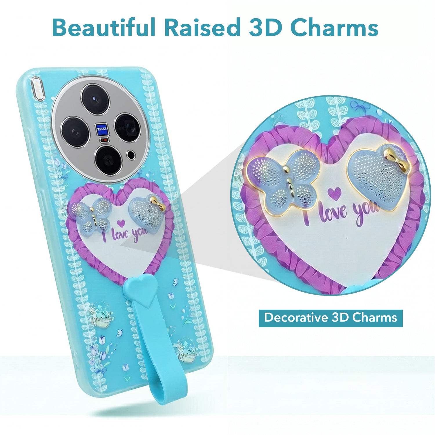 For Vivo X300 5G Back Cover Case (3D Cute Heart Strap Holder | Camera Protection | Designer Girls Print)